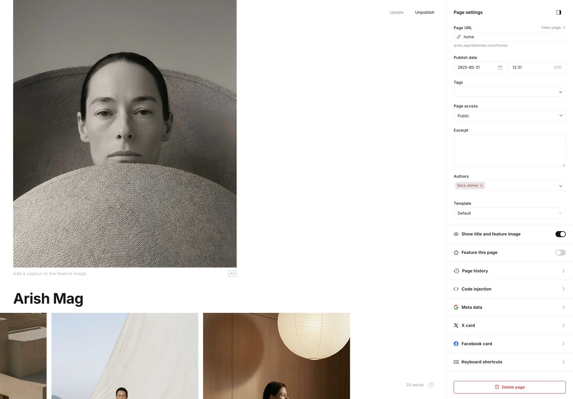 Home page editor showing the Arish Mag title, feature image, and home URL