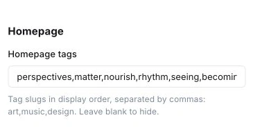 Homepage tags setting with comma-separated tag slugs