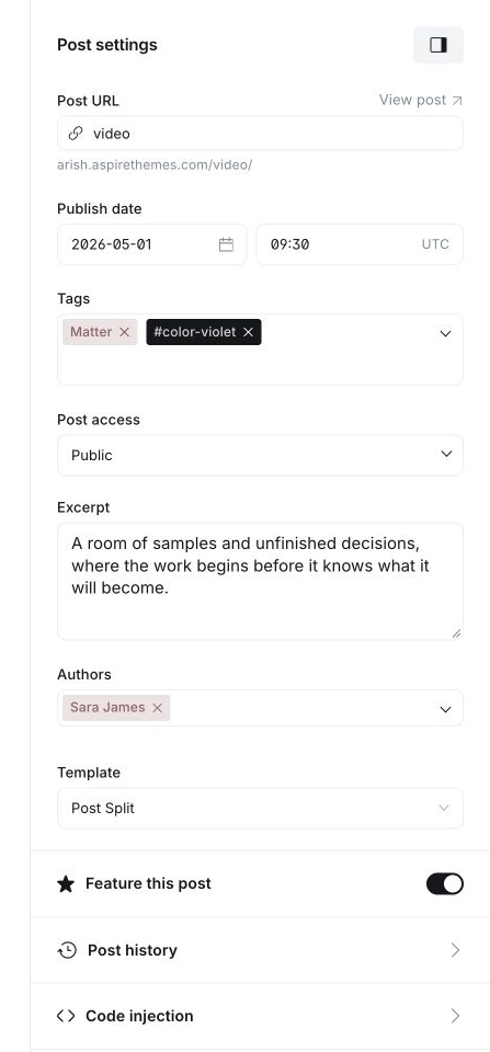 Ghost post settings with Post Split selected in Template