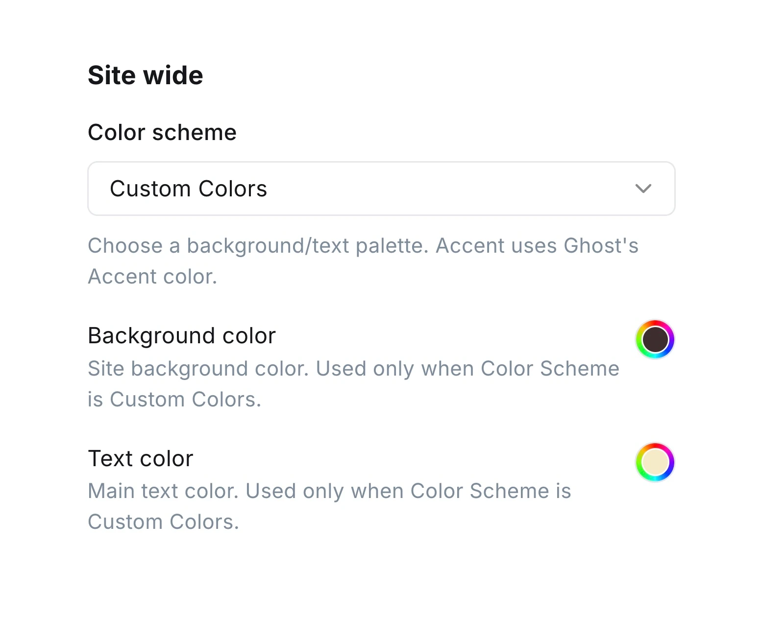 Siwa custom color scheme controls in Ghost Admin