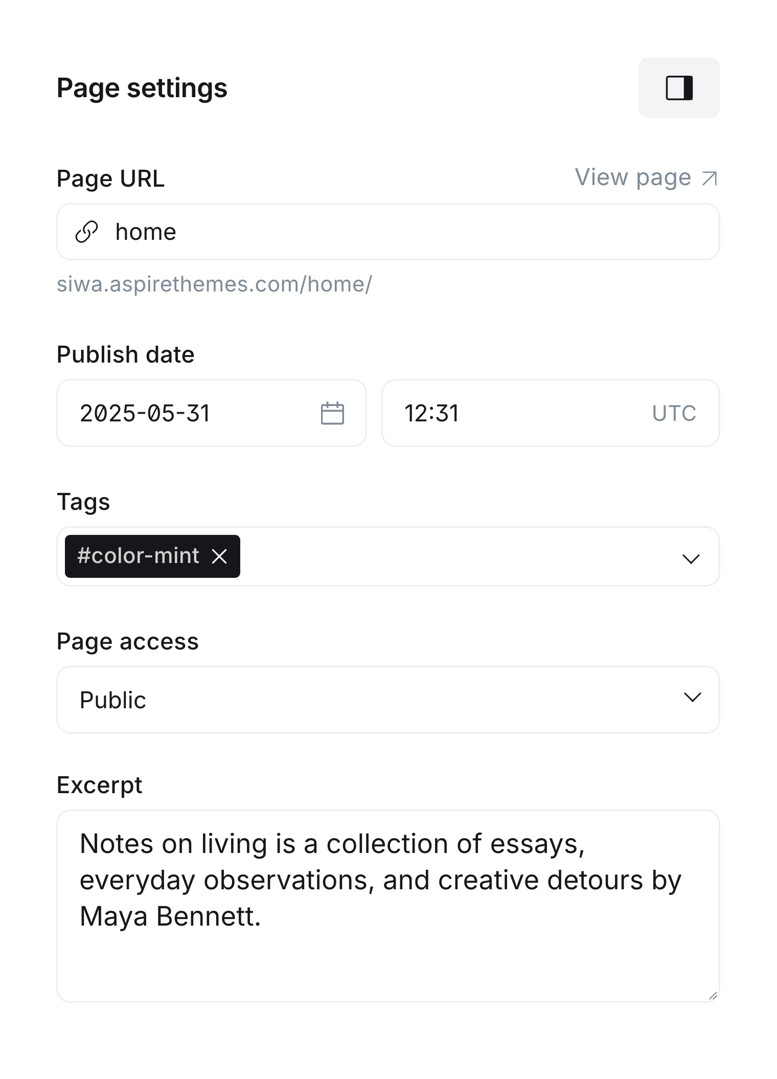 Introduction page settings with the home URL and excerpt