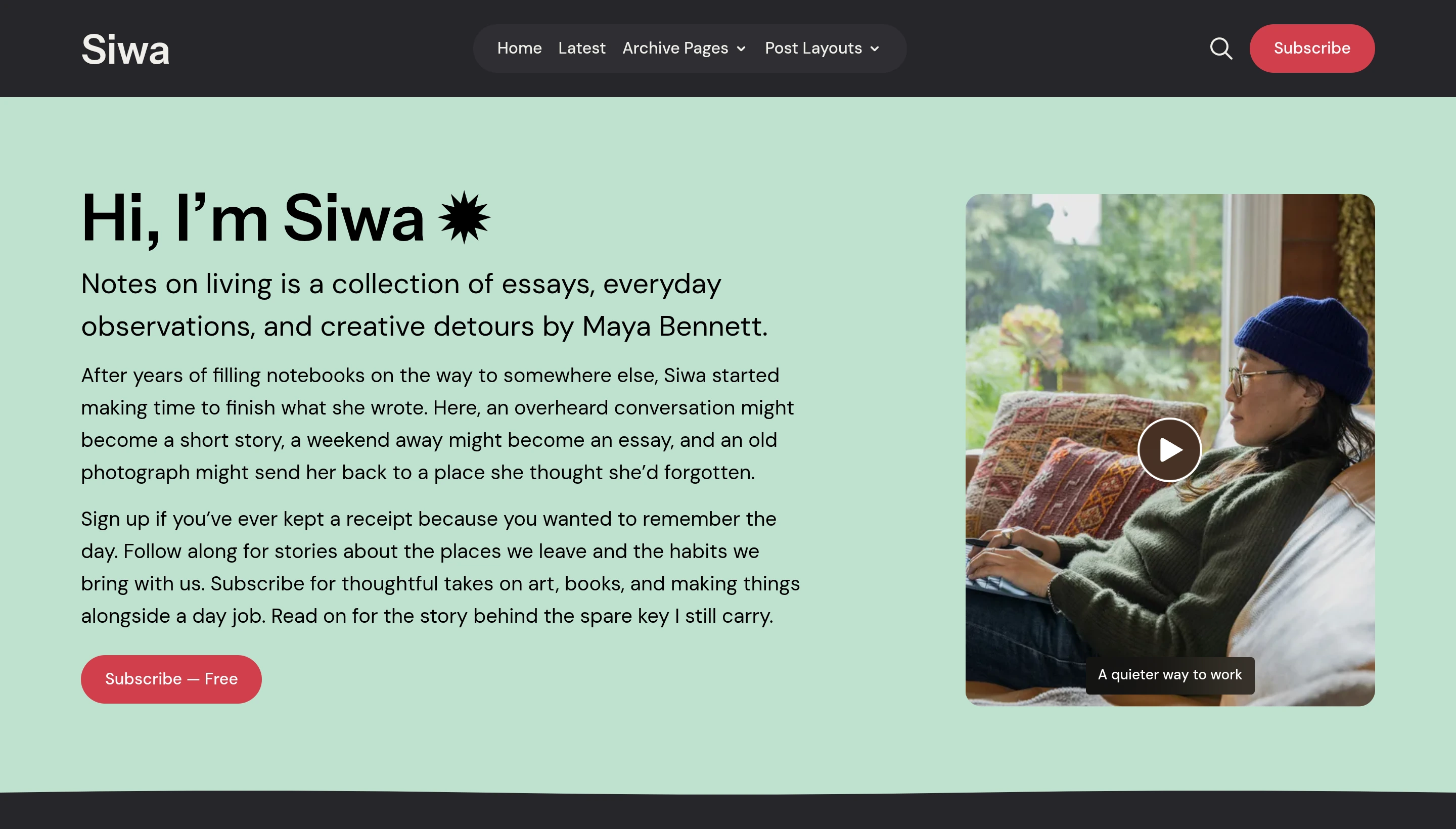 Siwa homepage introduction with text and video