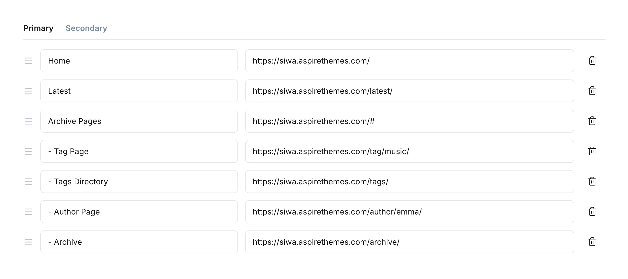Primary navigation with a parent item and hyphen-prefixed child labels