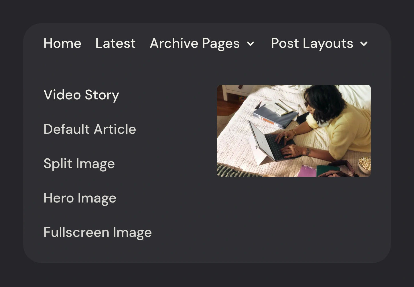 Siwa navigation bar with the Post Layouts dropdown and post preview
