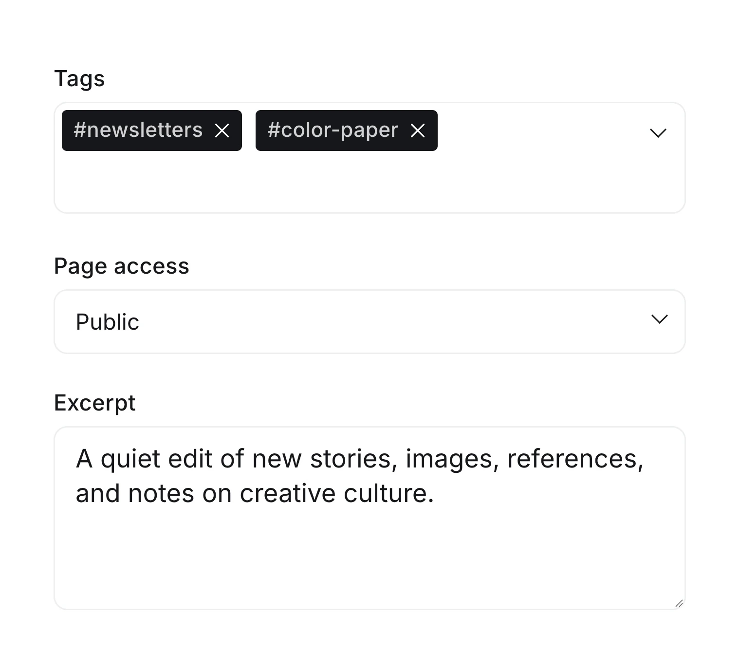 Newsletter page with the newsletters tag and excerpt