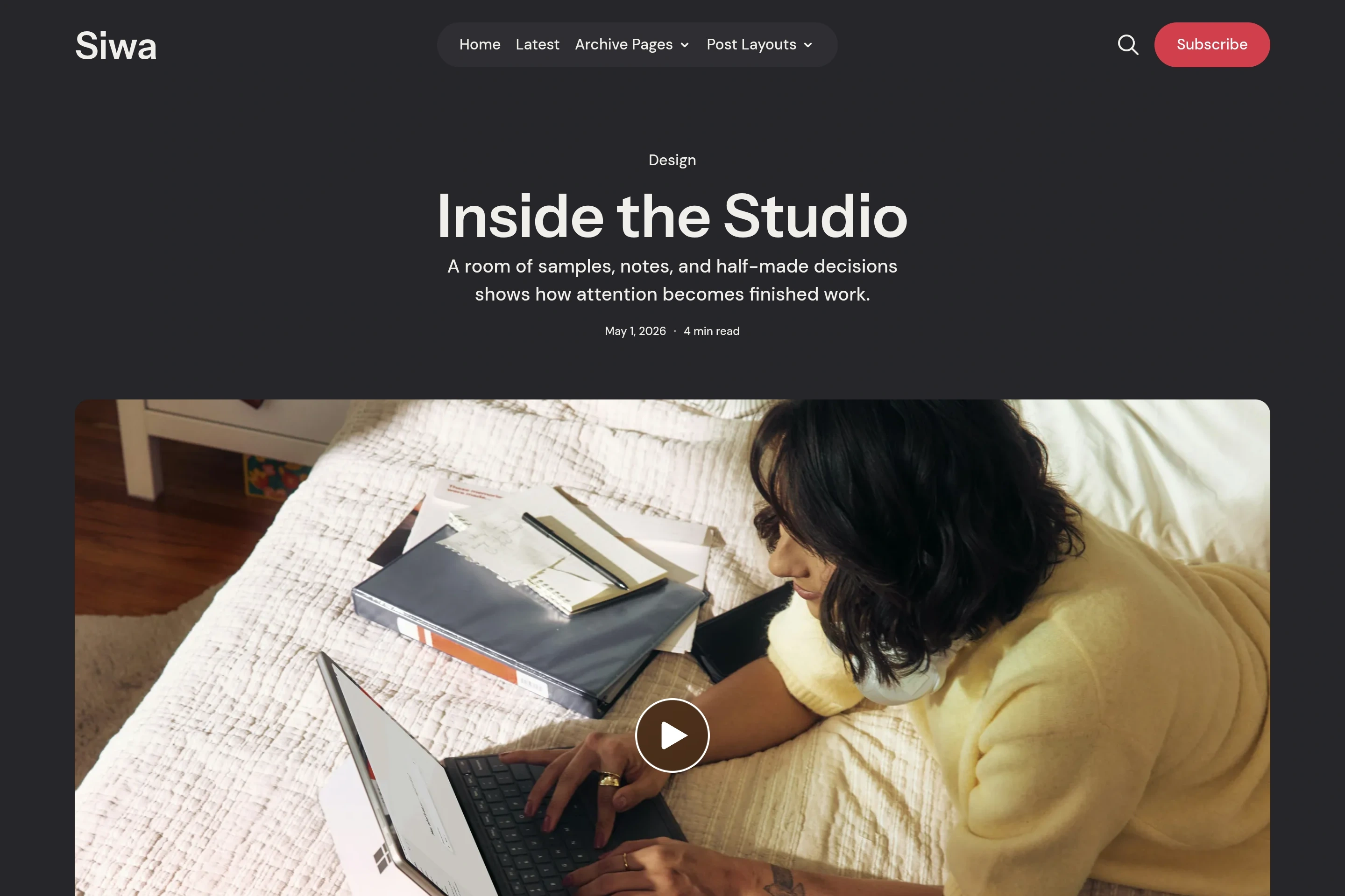 Siwa Post Video opening with a centered title and visible Play control