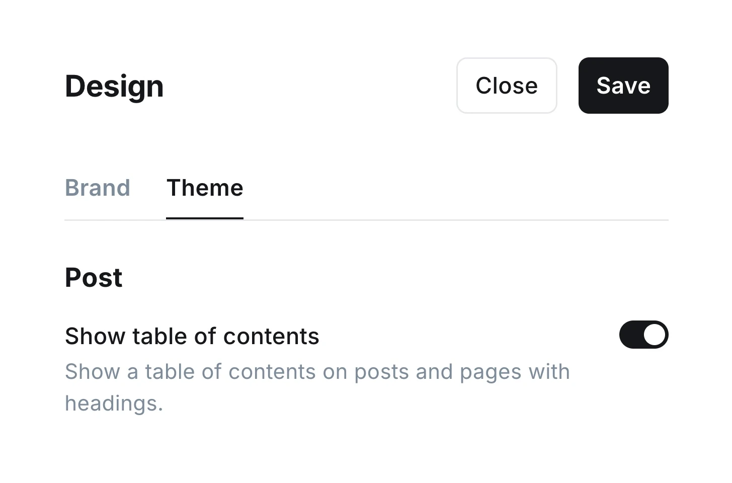 Show table of contents setting in Siwa theme controls