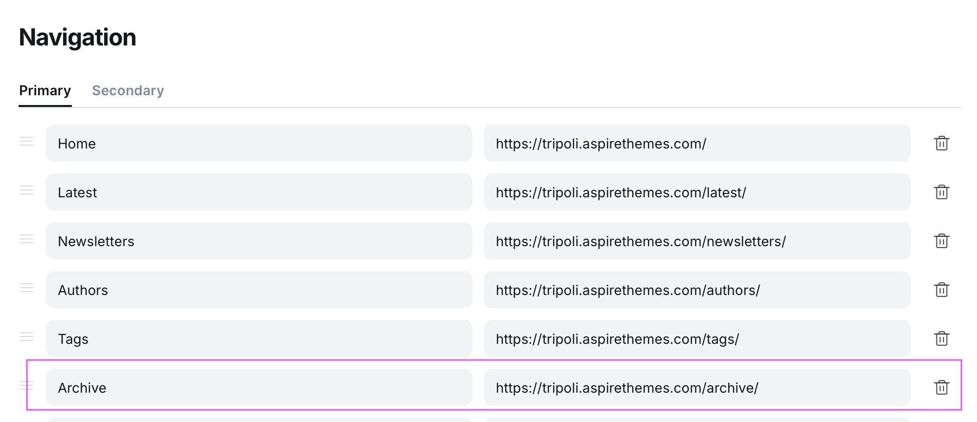 Archive navigation settings