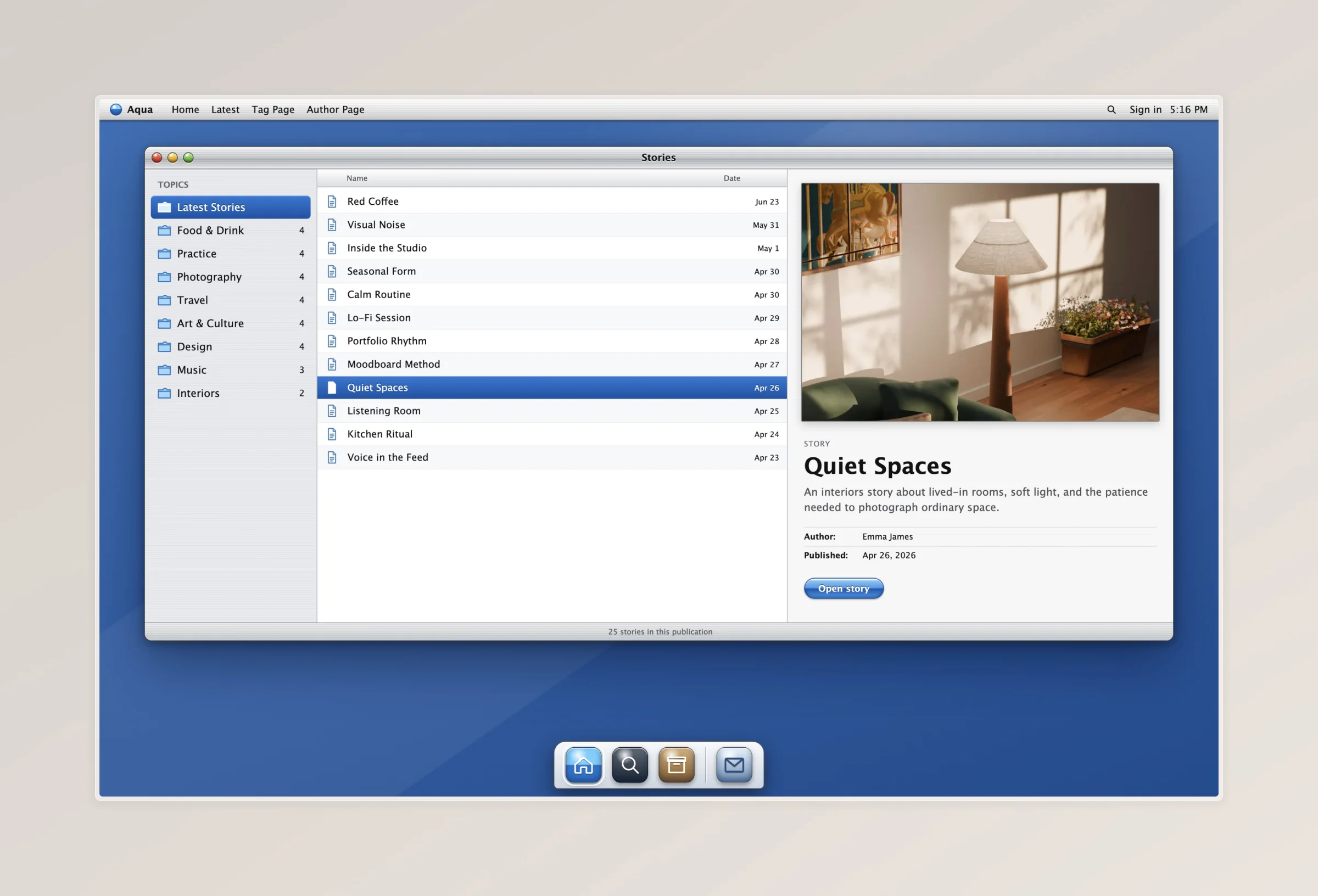 Aqua Ghost theme homepage with topic navigation, a story list, image preview, and Dock