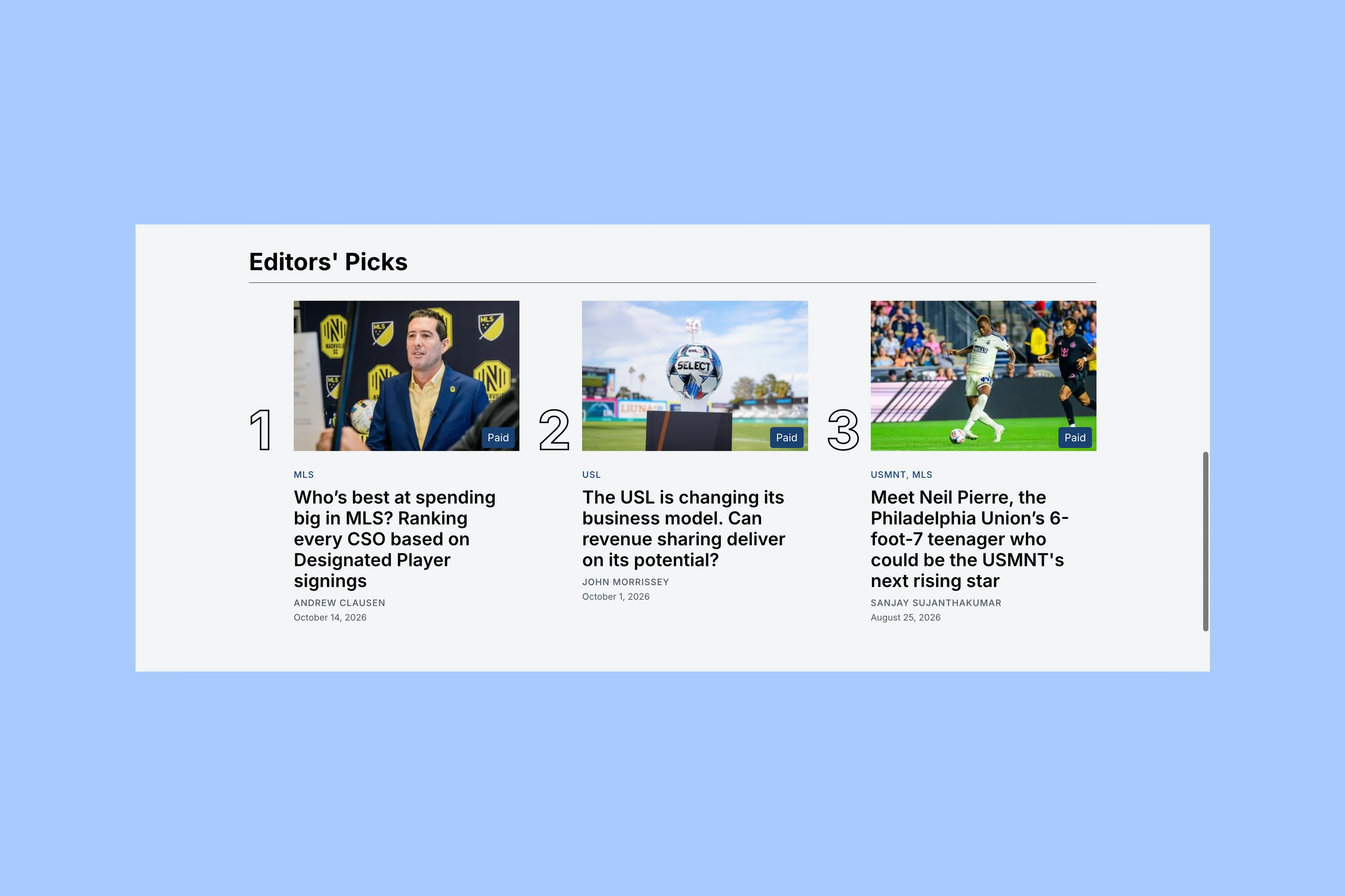 Three numbered Backheeled Editors’ Picks covering MLS spending, USL finances and a player profile