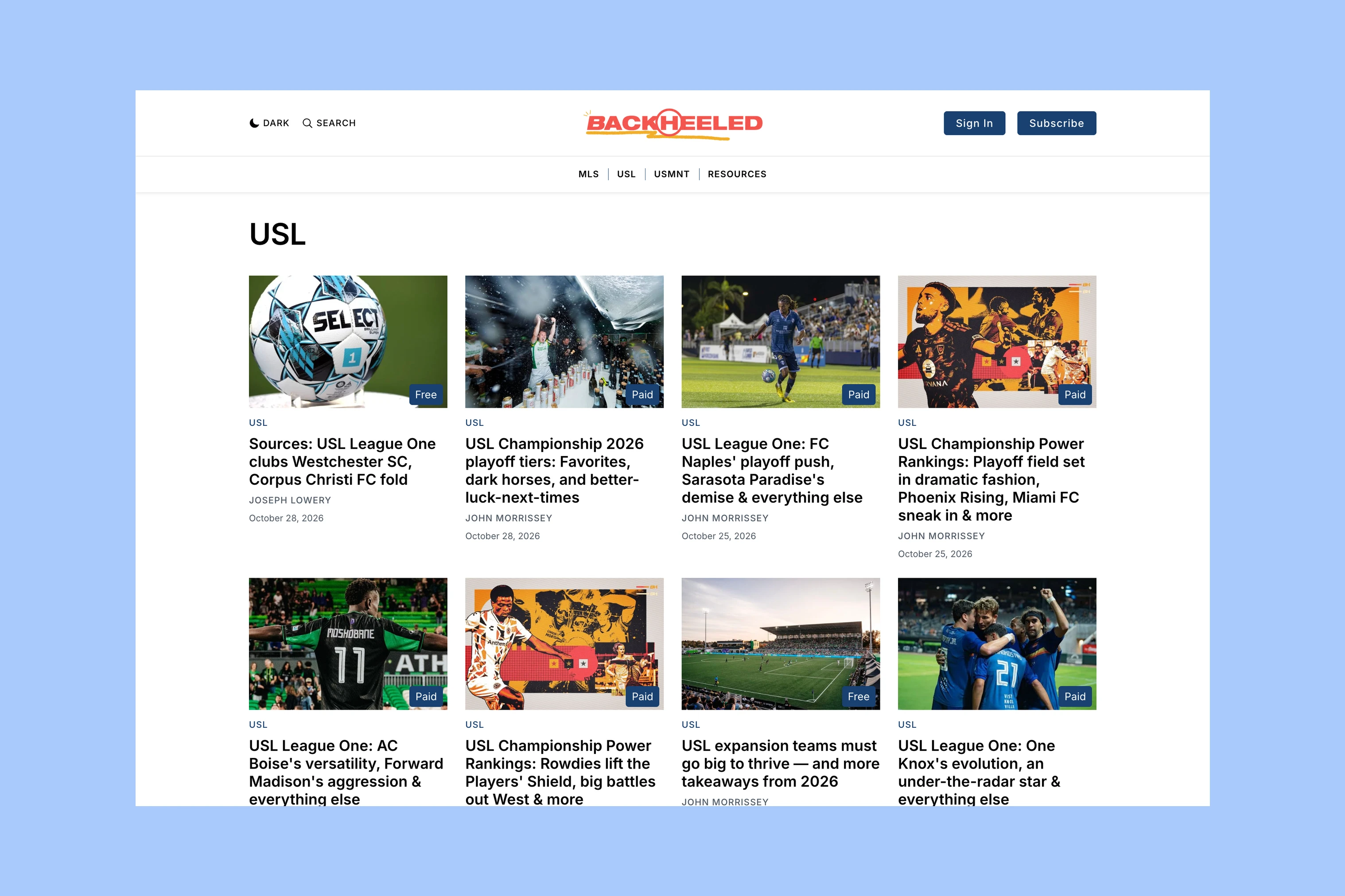 Backheeled USL archive with news and analysis cards showing authors, dates and access labels