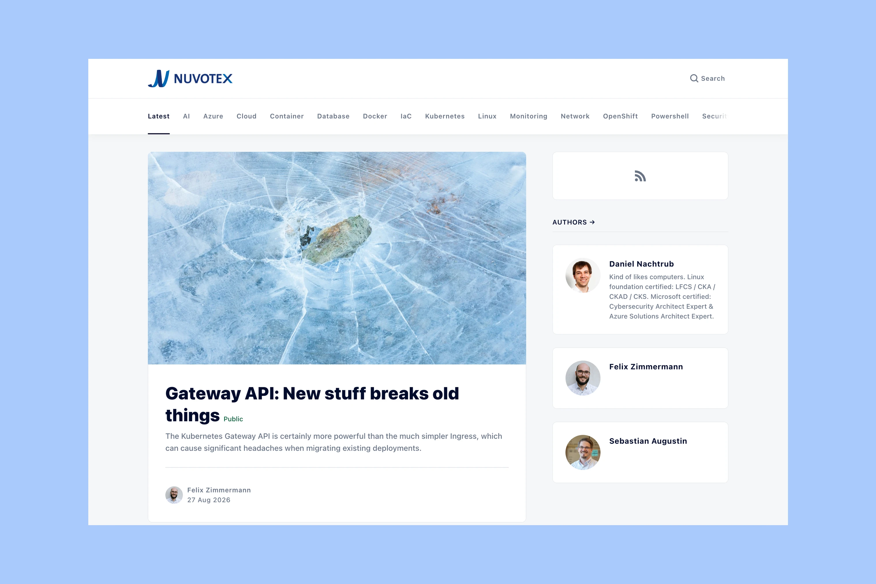 Nuvotex company blog with technical article summaries and navigation for cloud, Linux, and other topics