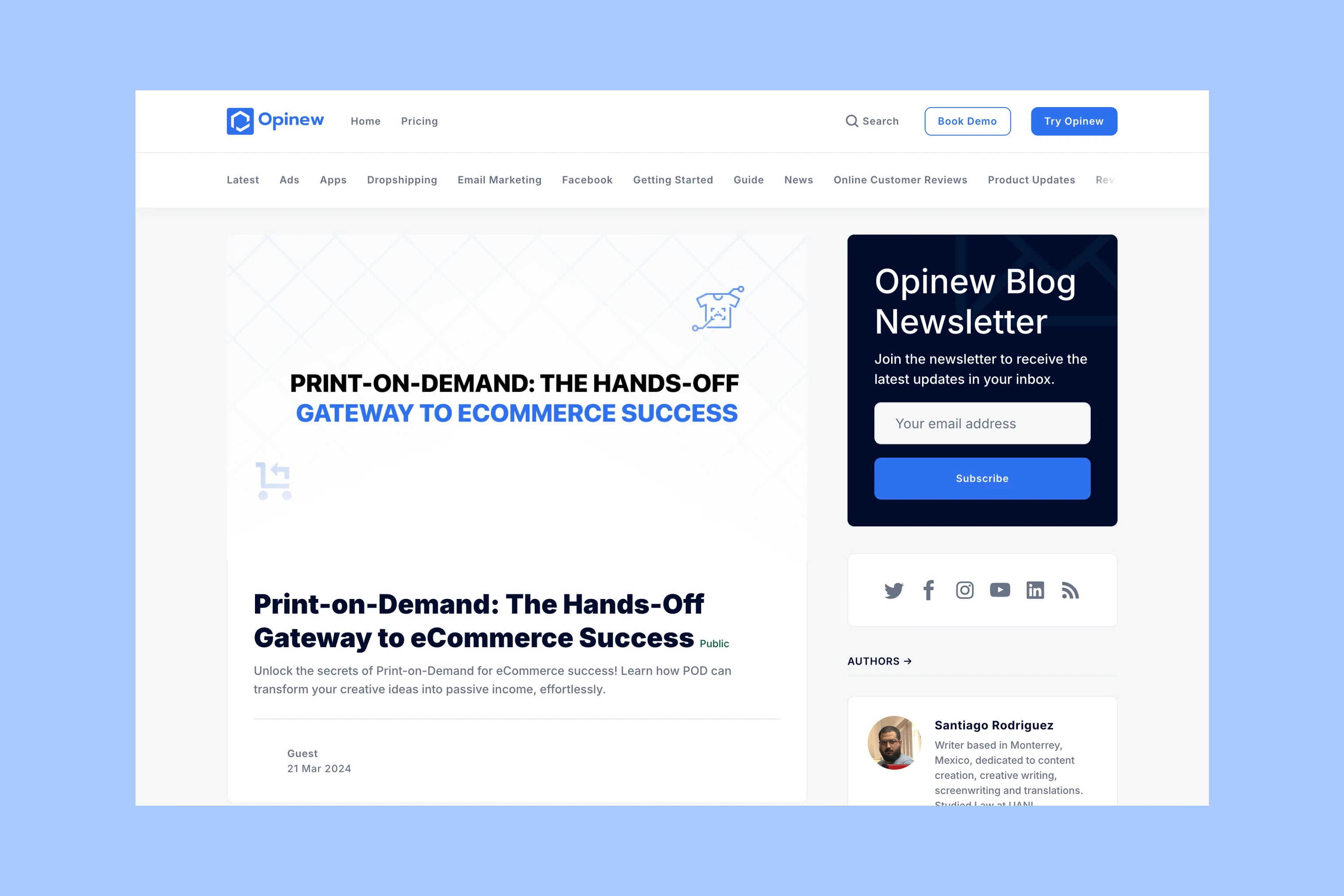 Opinew business blog with ecommerce articles, topic navigation, and links to try the product or book a demo