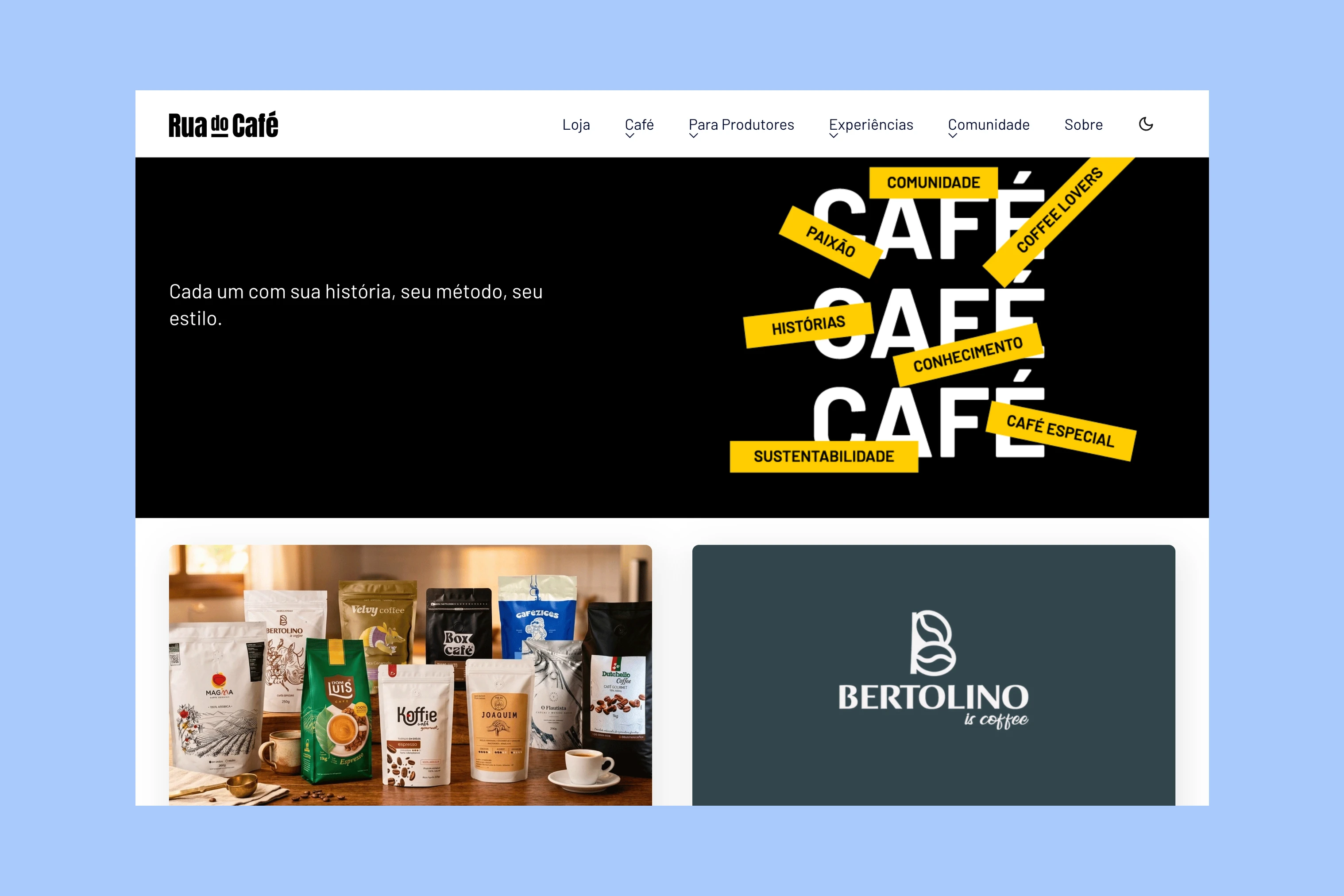 Rua do Café blog with coffee-related topic links, article summaries, and navigation to its shop