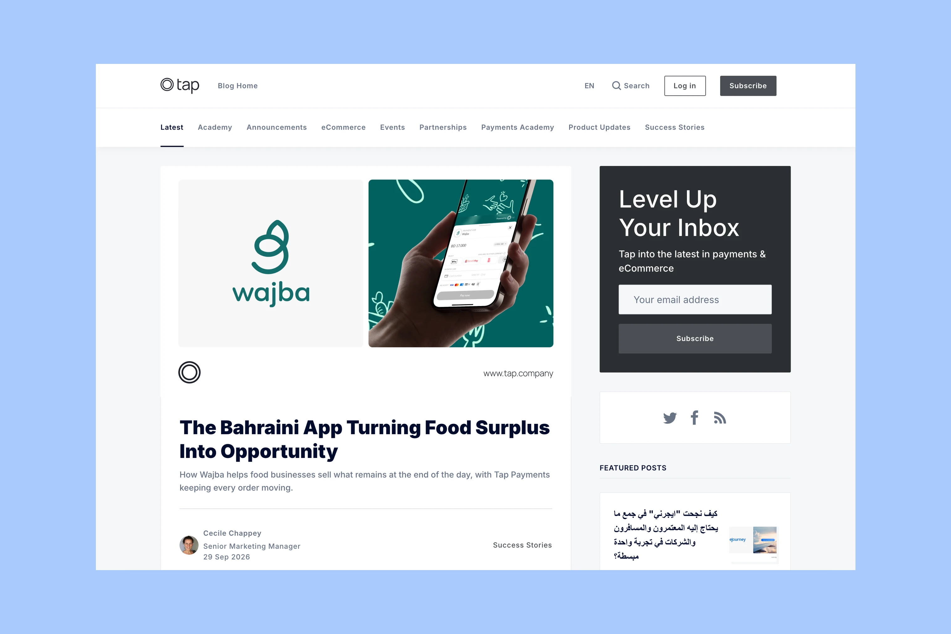Tap Payments blog with customer stories, article photographs, author details, and topic navigation
