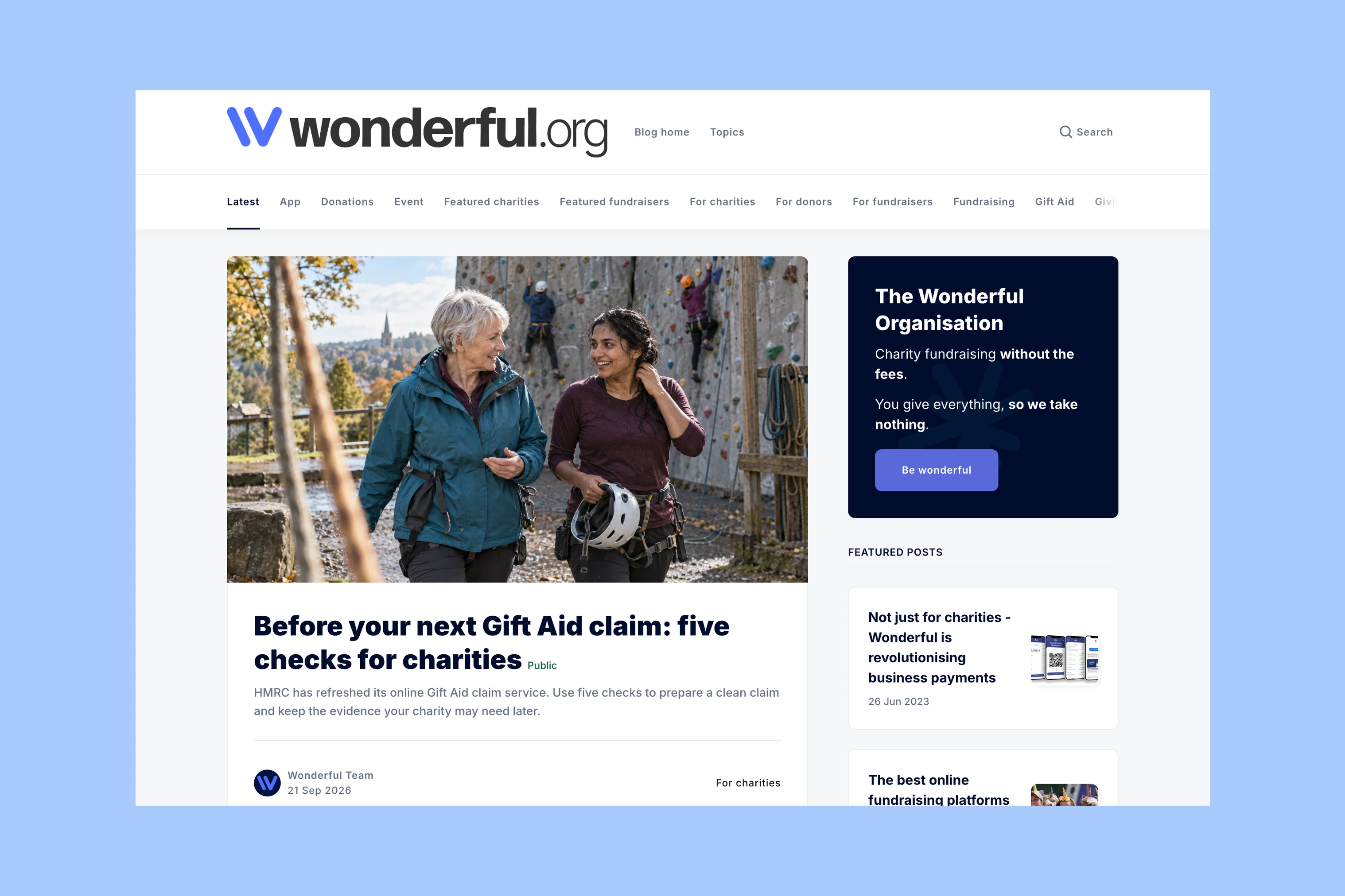 Wonderful.org blog with fundraising articles, audience-specific topics, and a sidebar