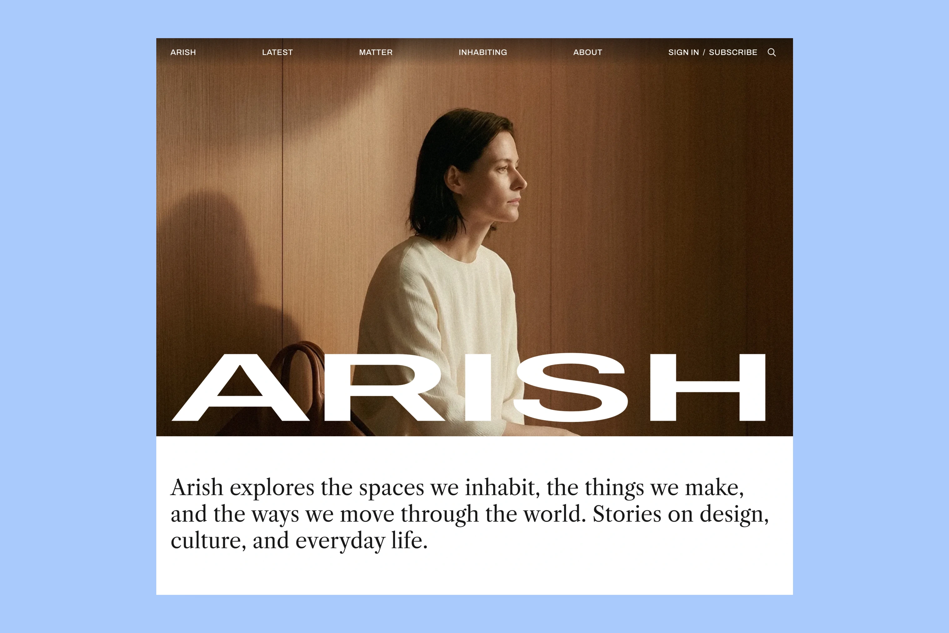 Arish opening with a portrait behind the magazine name and an introduction beneath it