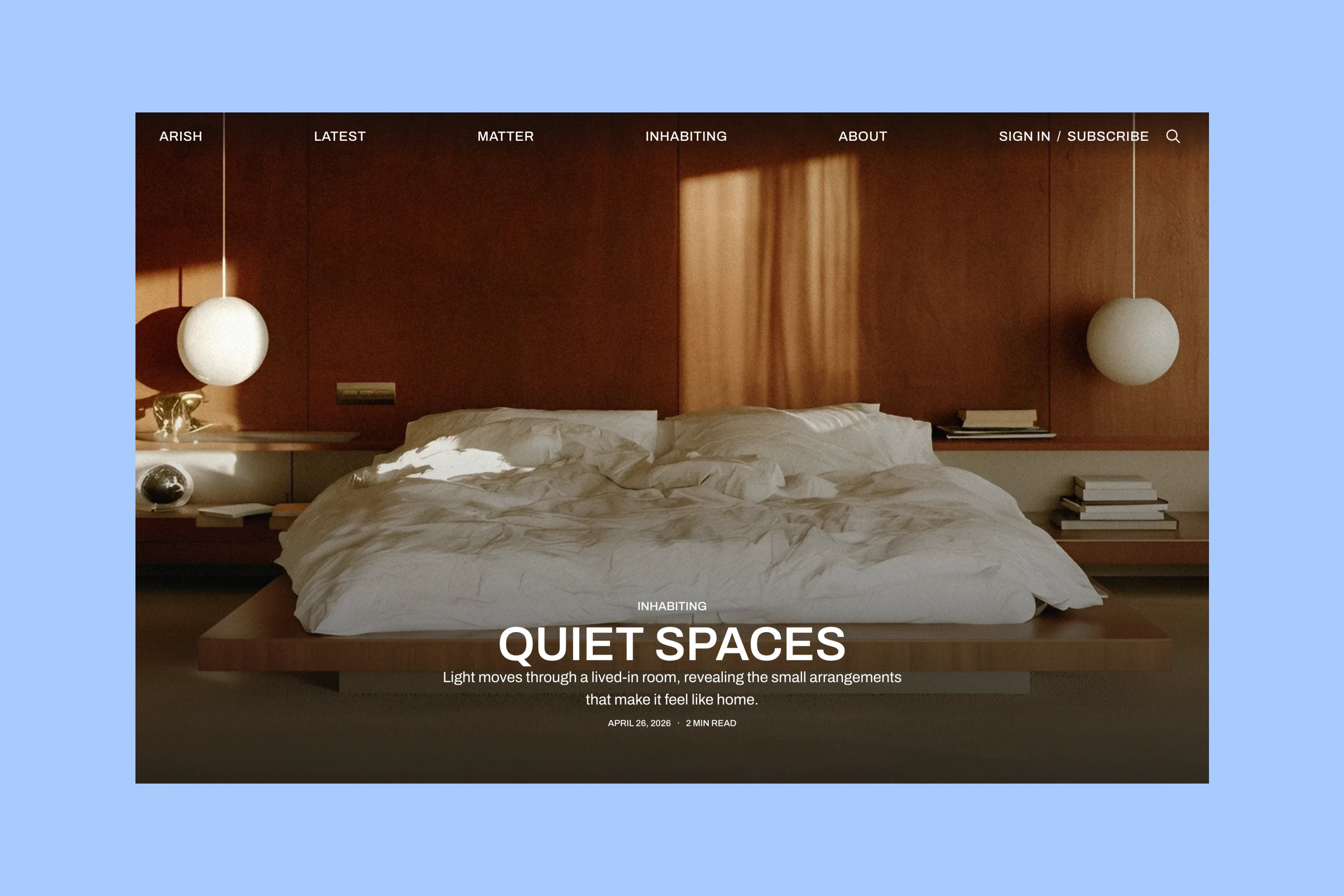 Quiet Spaces title over a screen-height bedroom photograph in Arish