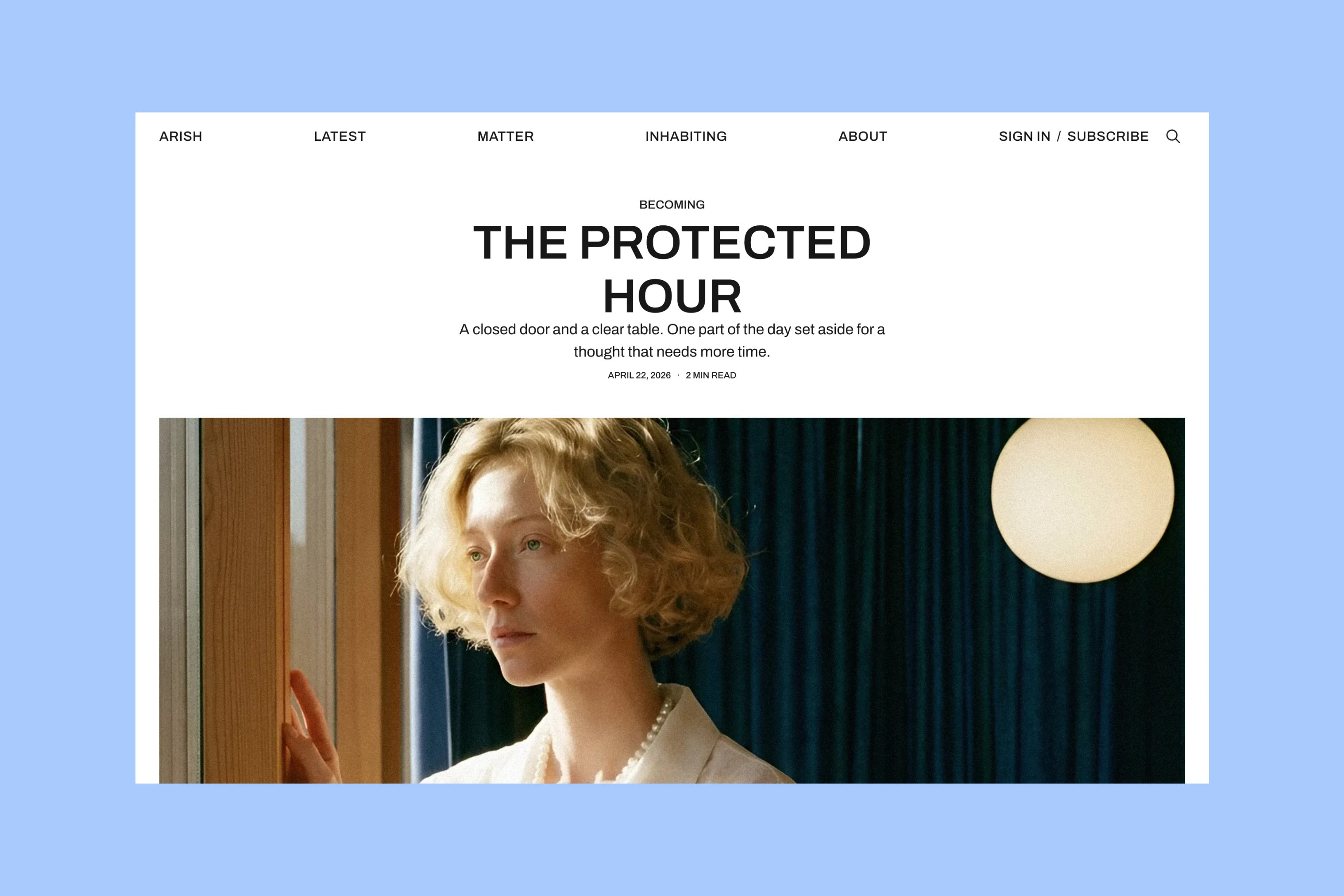 The Protected Hour title and description above a portrait beside a window