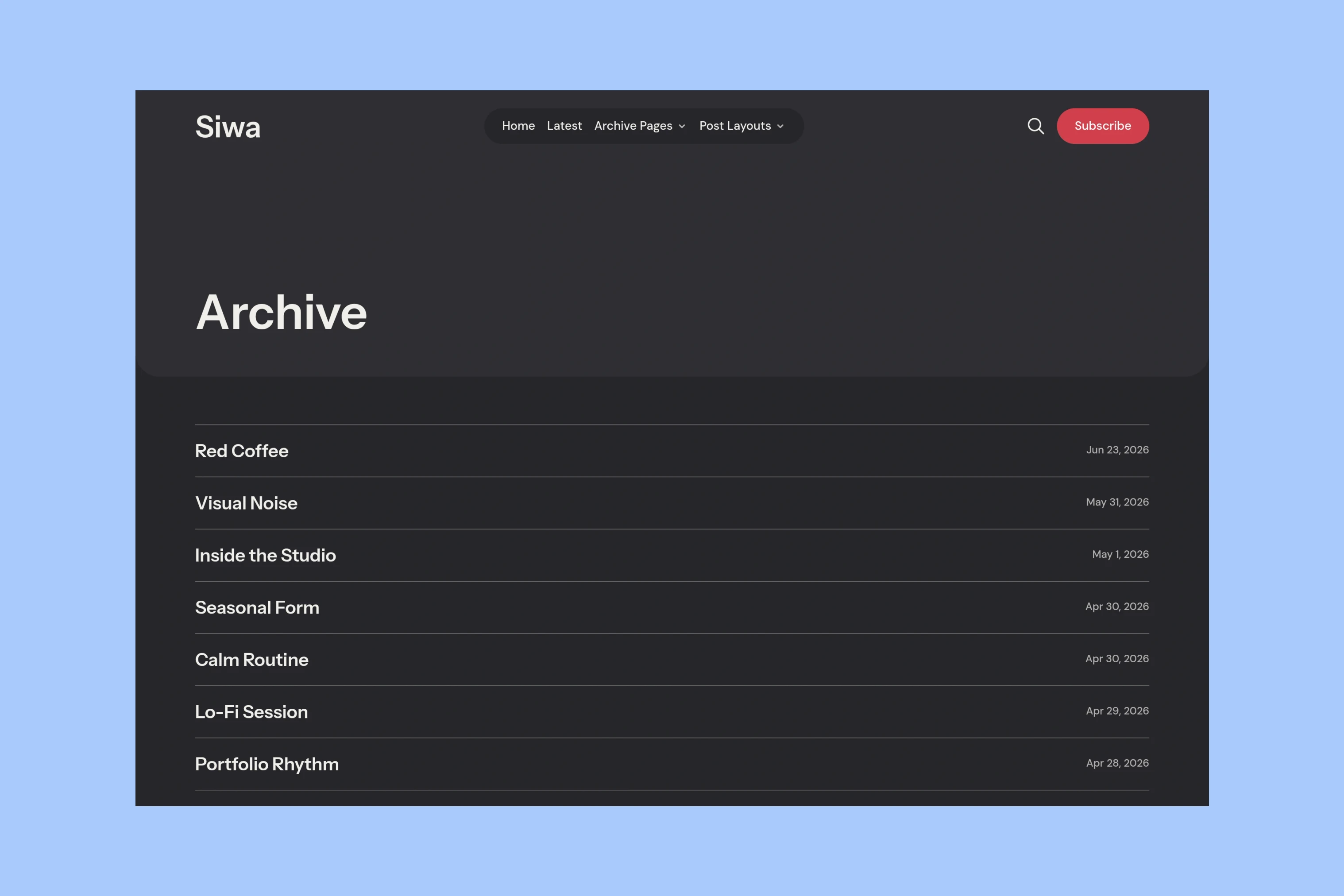 Siwa Archive heading above a list of story titles with their publication dates