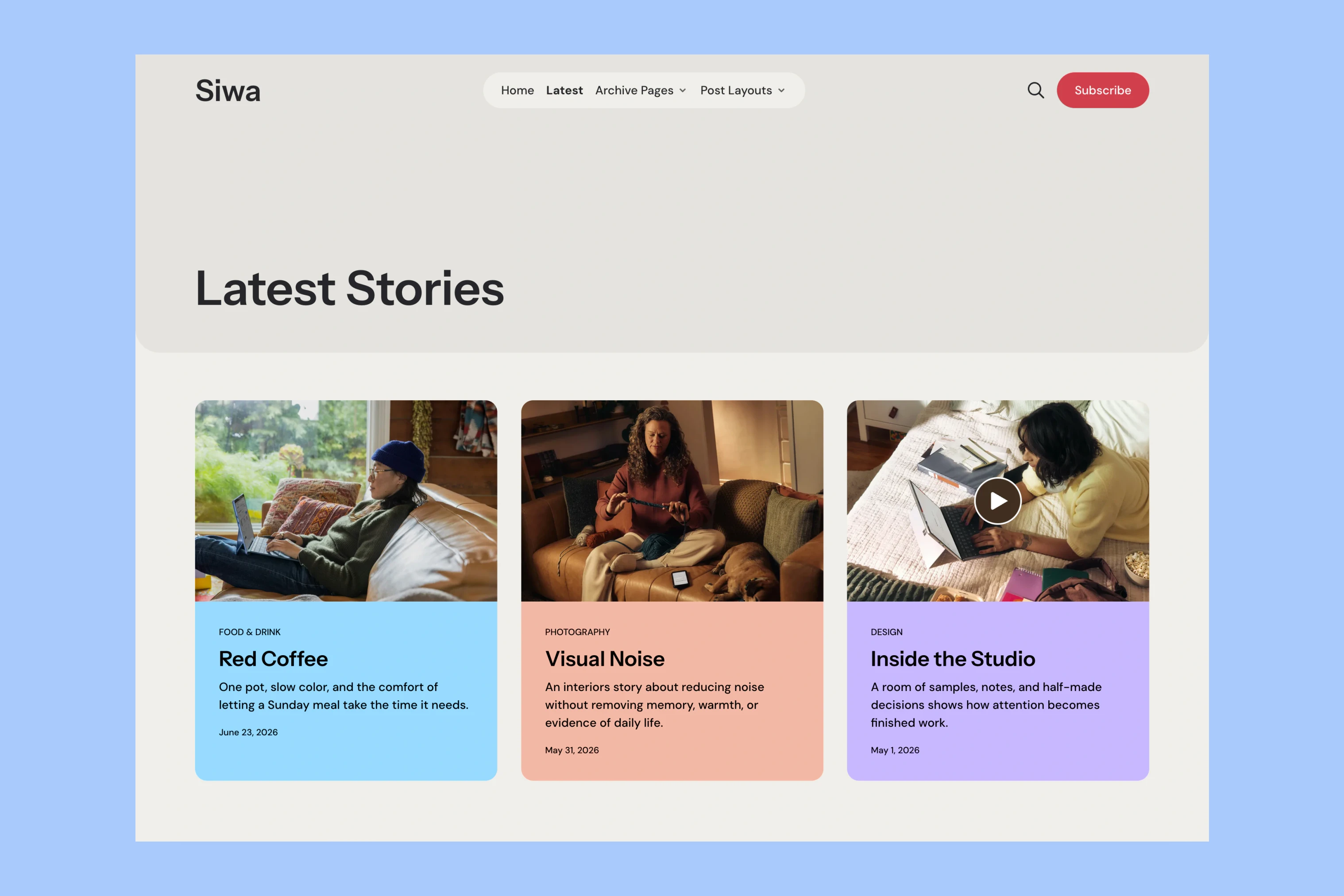 Siwa Latest Stories page with a light Cloud Dancer background