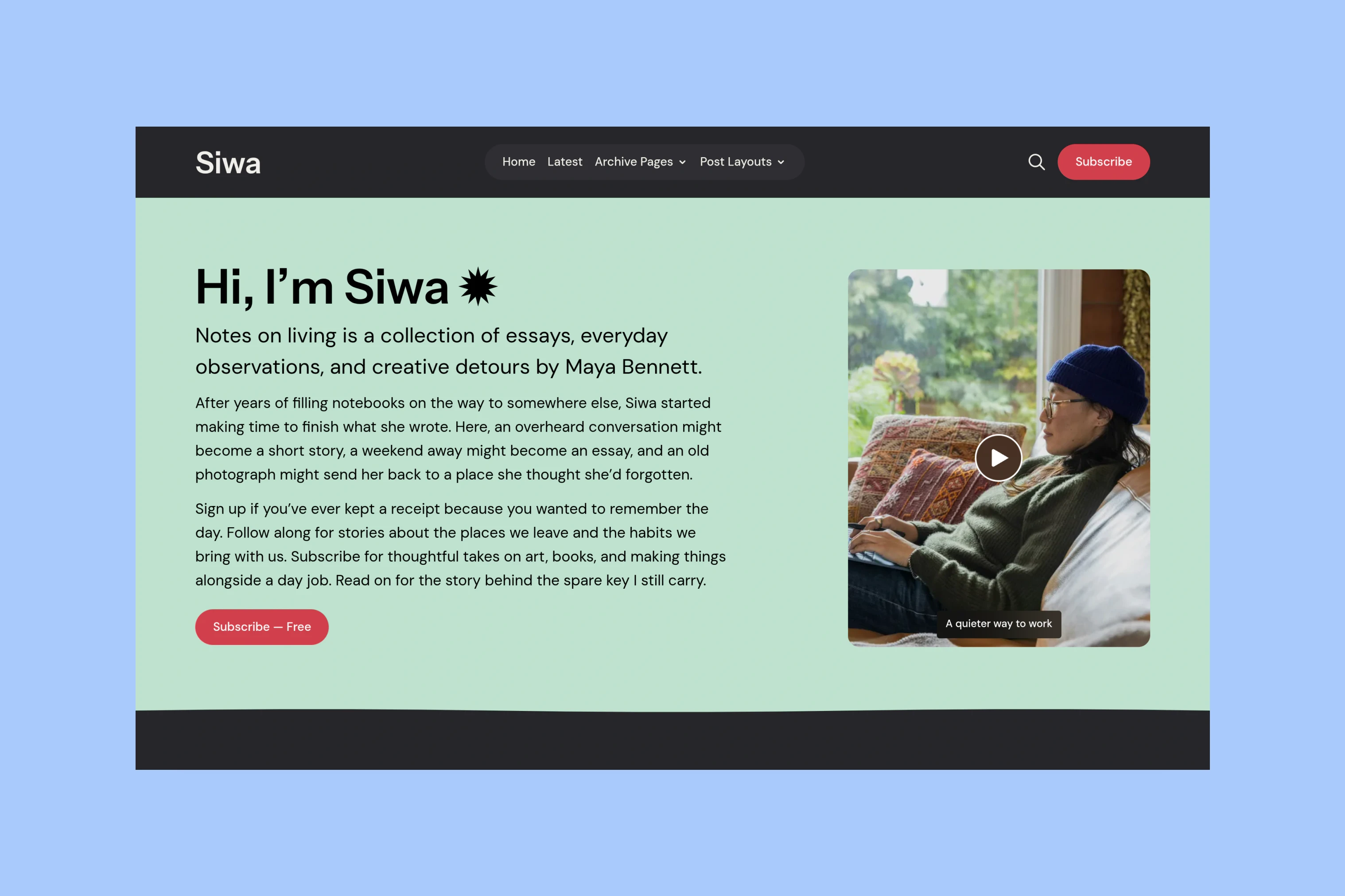 Siwa homepage with a mint introduction, portrait video and Subscribe button