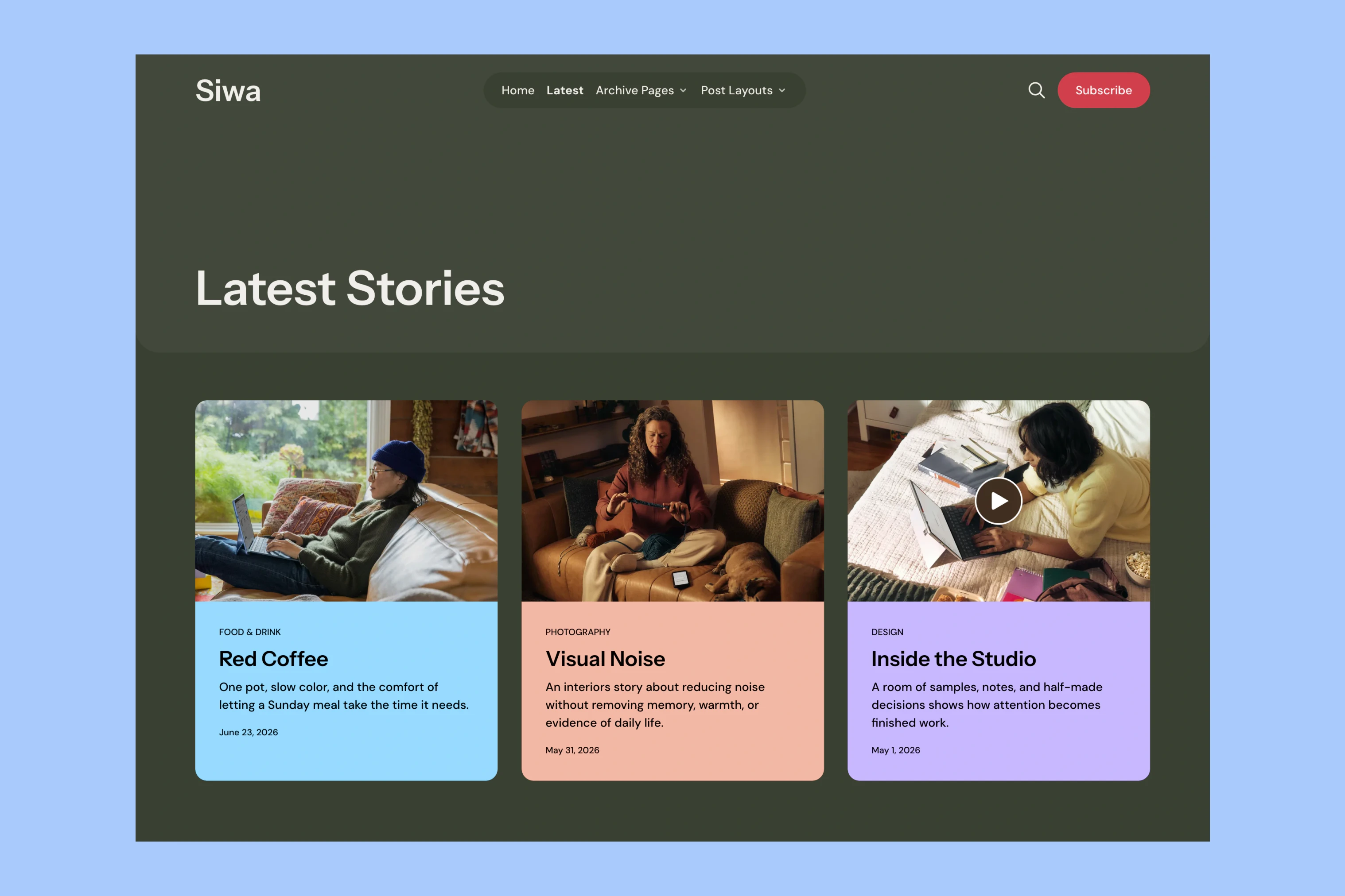 The same Siwa Latest Stories composition with an olive Kombu Green background