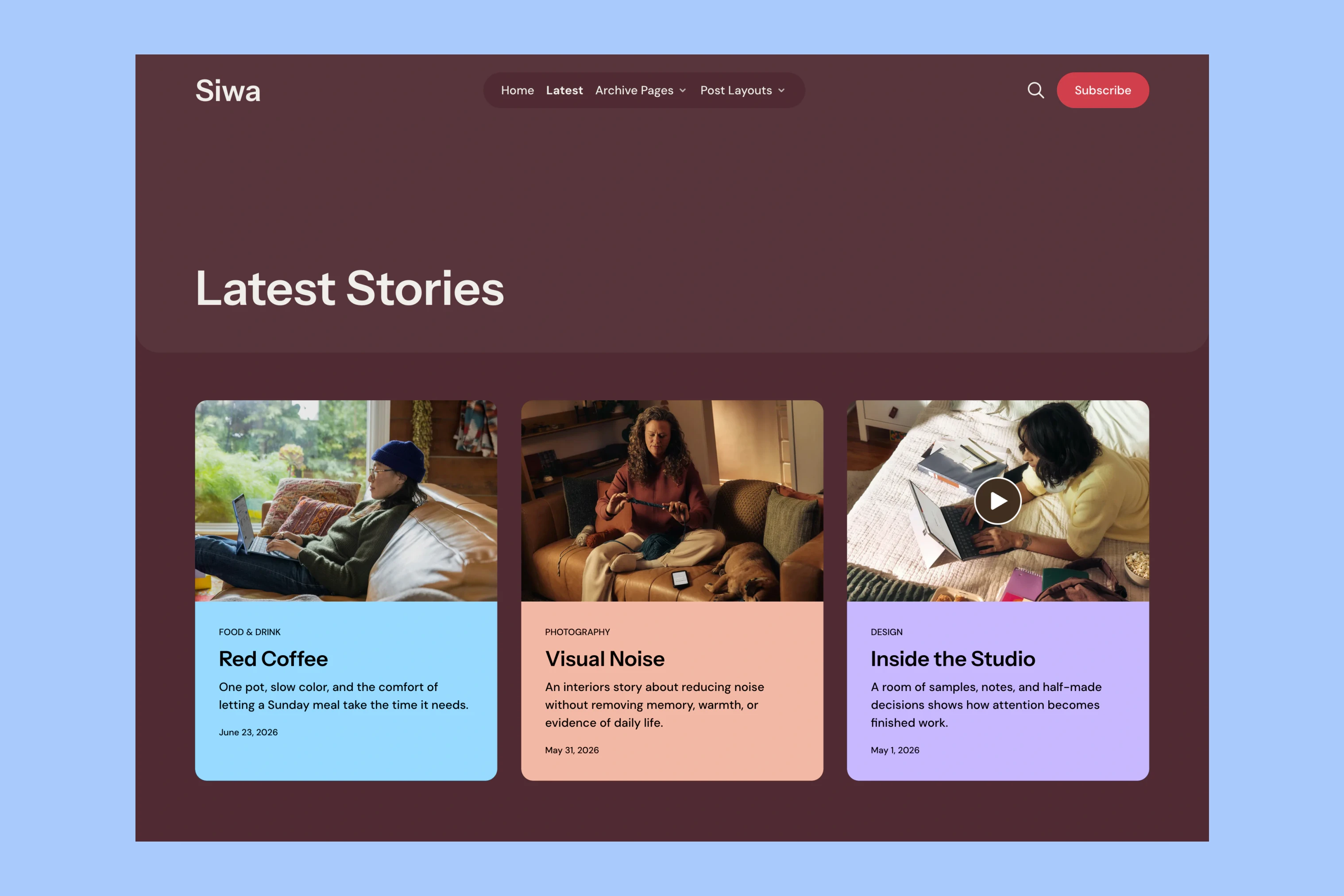 The same Siwa Latest Stories composition with a burgundy Port Royale background