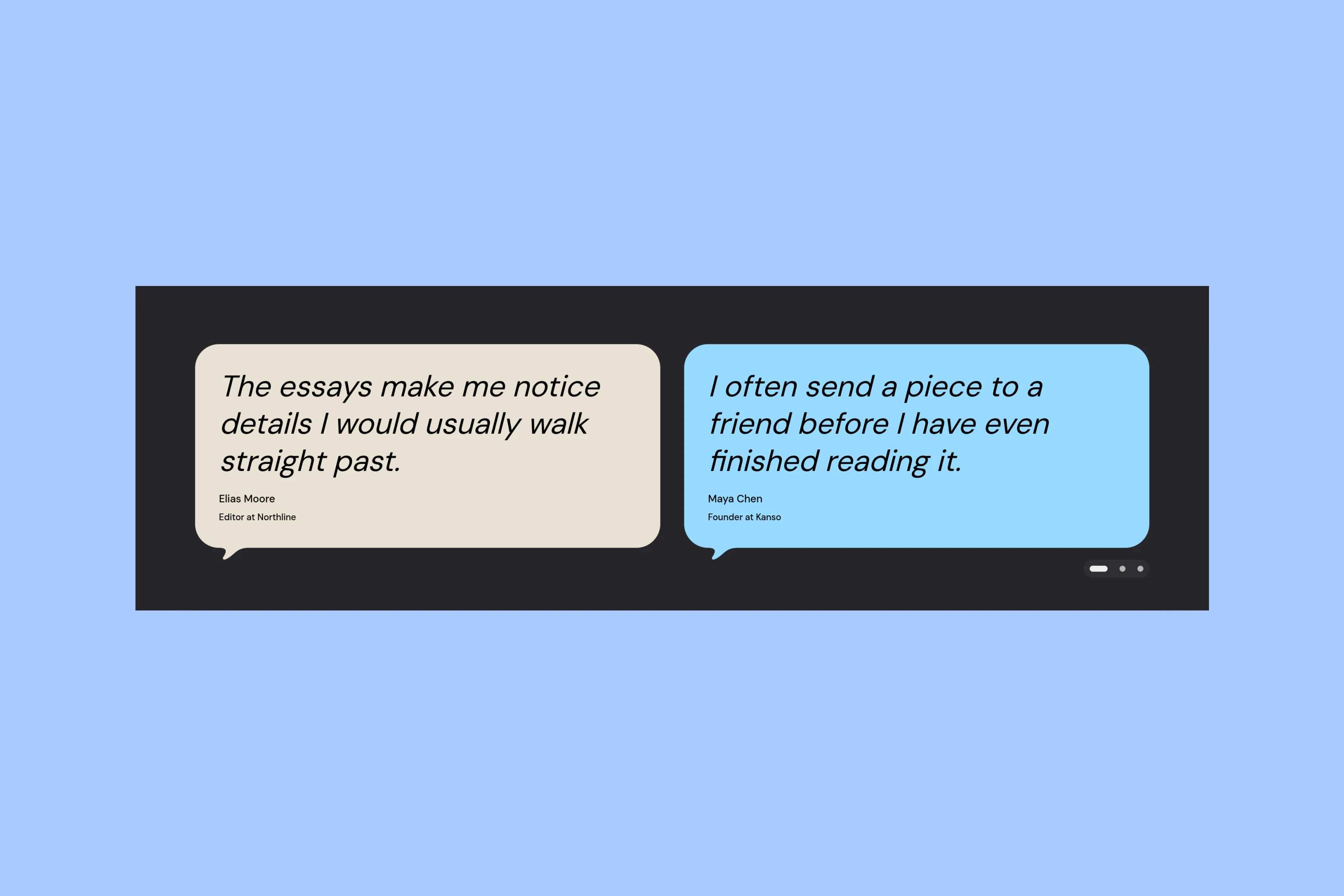 Siwa sample testimonial cards with attributed reader quotes and navigation dots