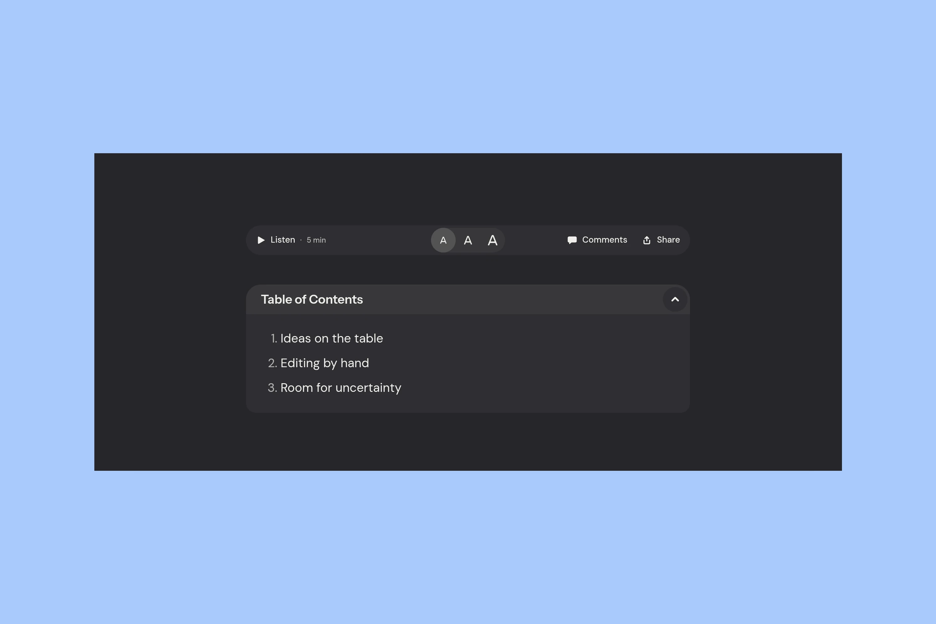 Siwa article action bar with Listen, three text sizes, Comments and Share above a table of contents