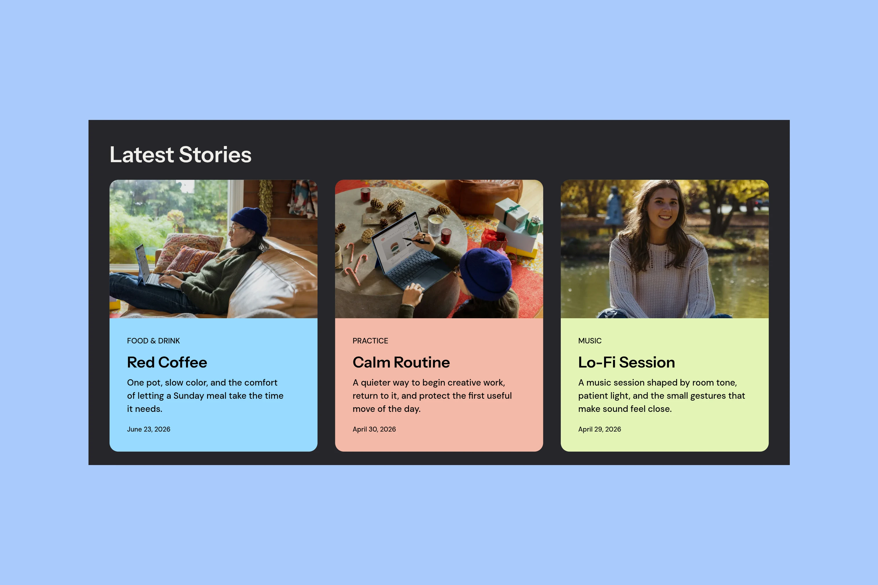 Siwa homepage Latest Stories heading and first row of three recent story cards