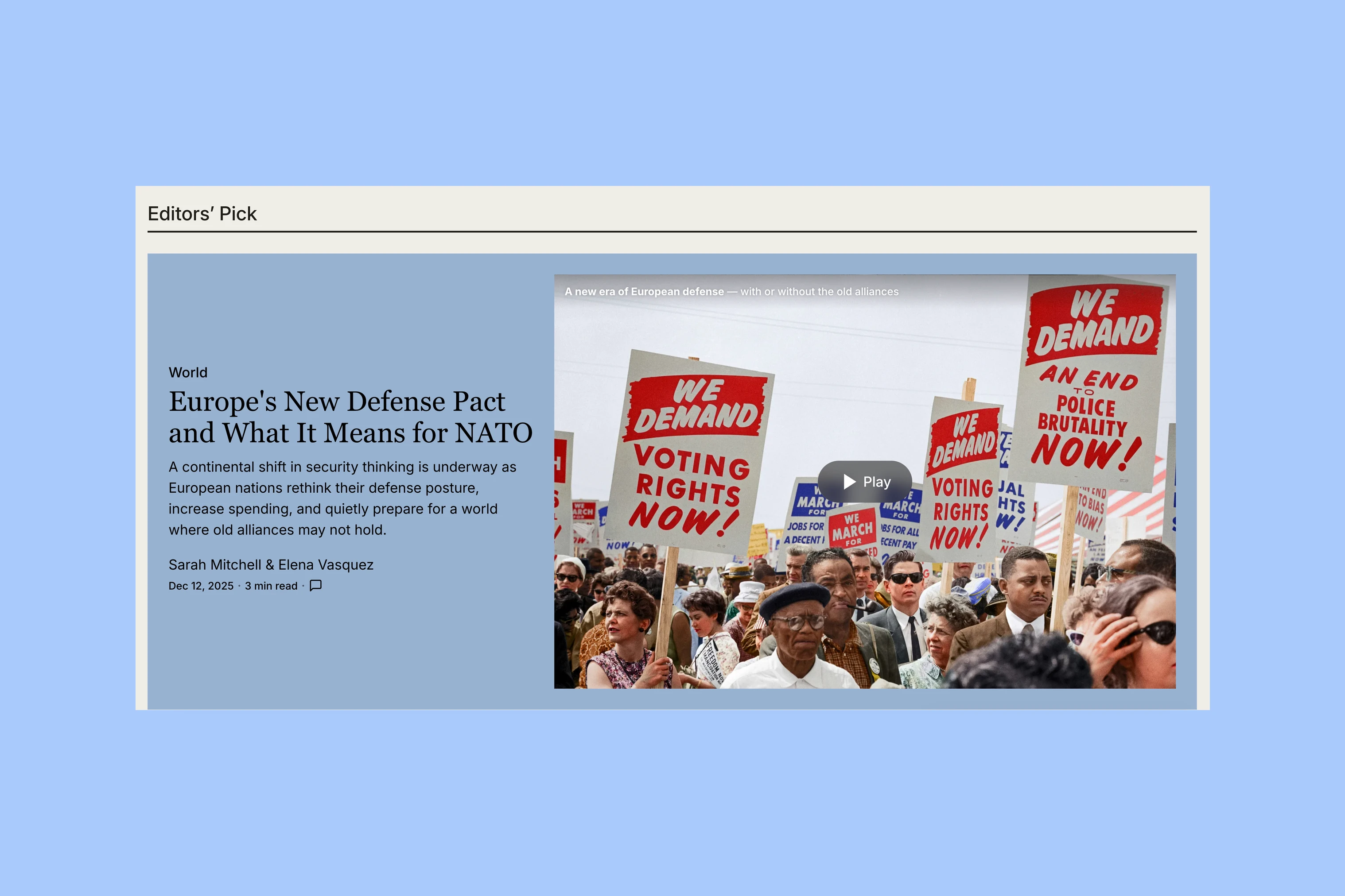 Taba Editors’ Pick panel with a selected story and its media