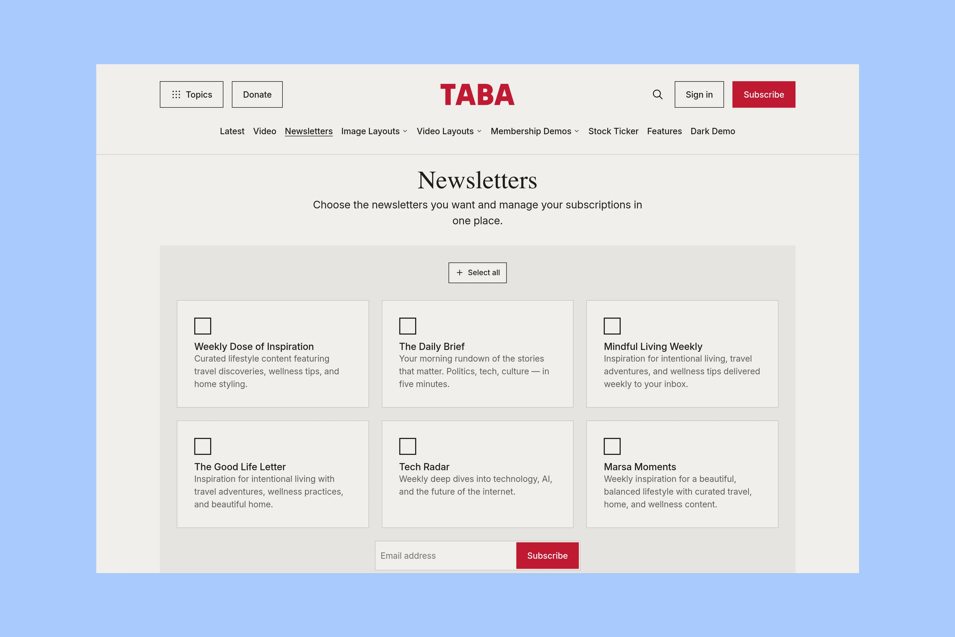 Taba newsletter choices with descriptions and an email signup form