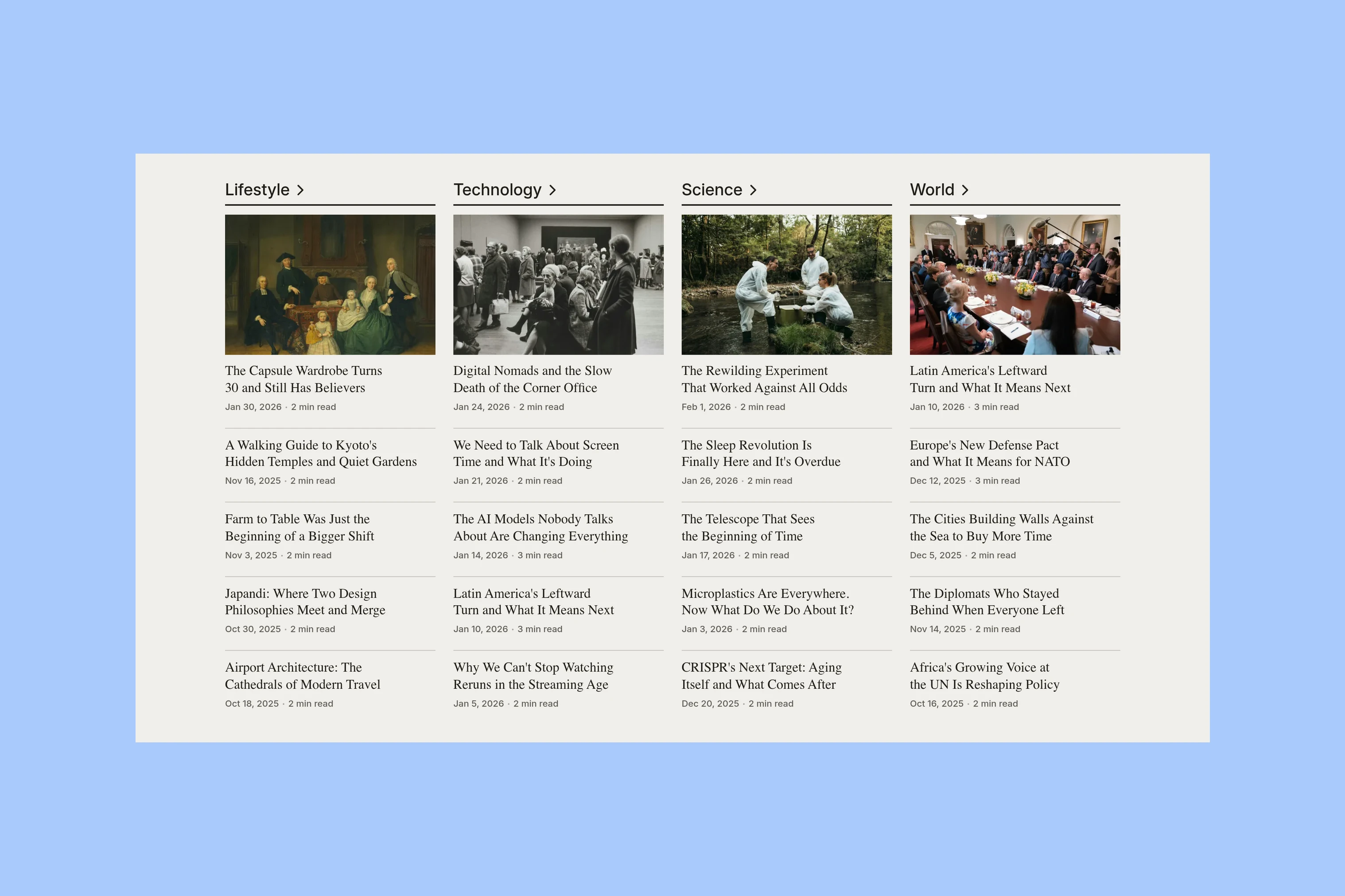 Taba homepage topic columns for Lifestyle, Technology, Science and World