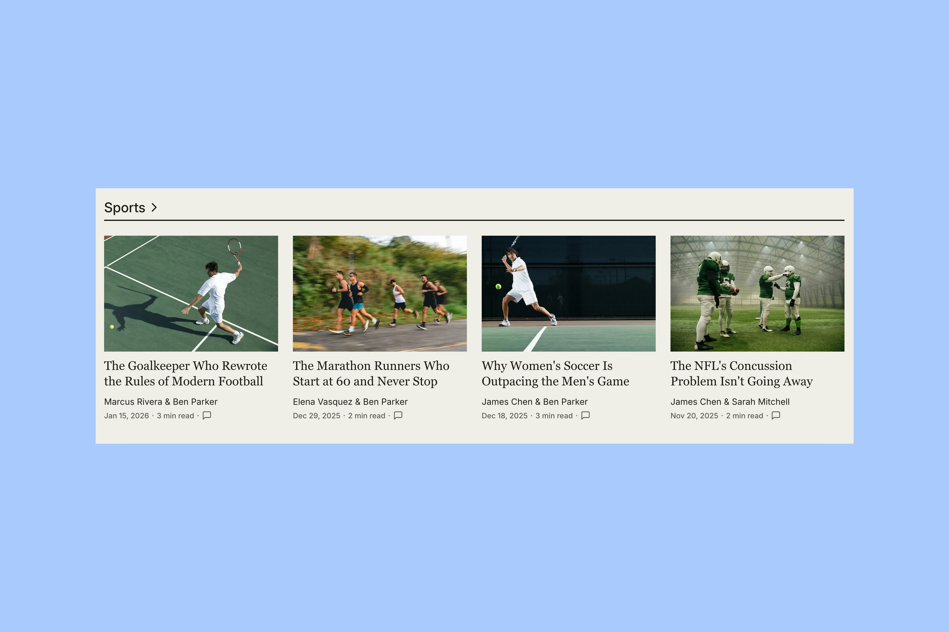 Taba homepage Sports topic row with four article cards