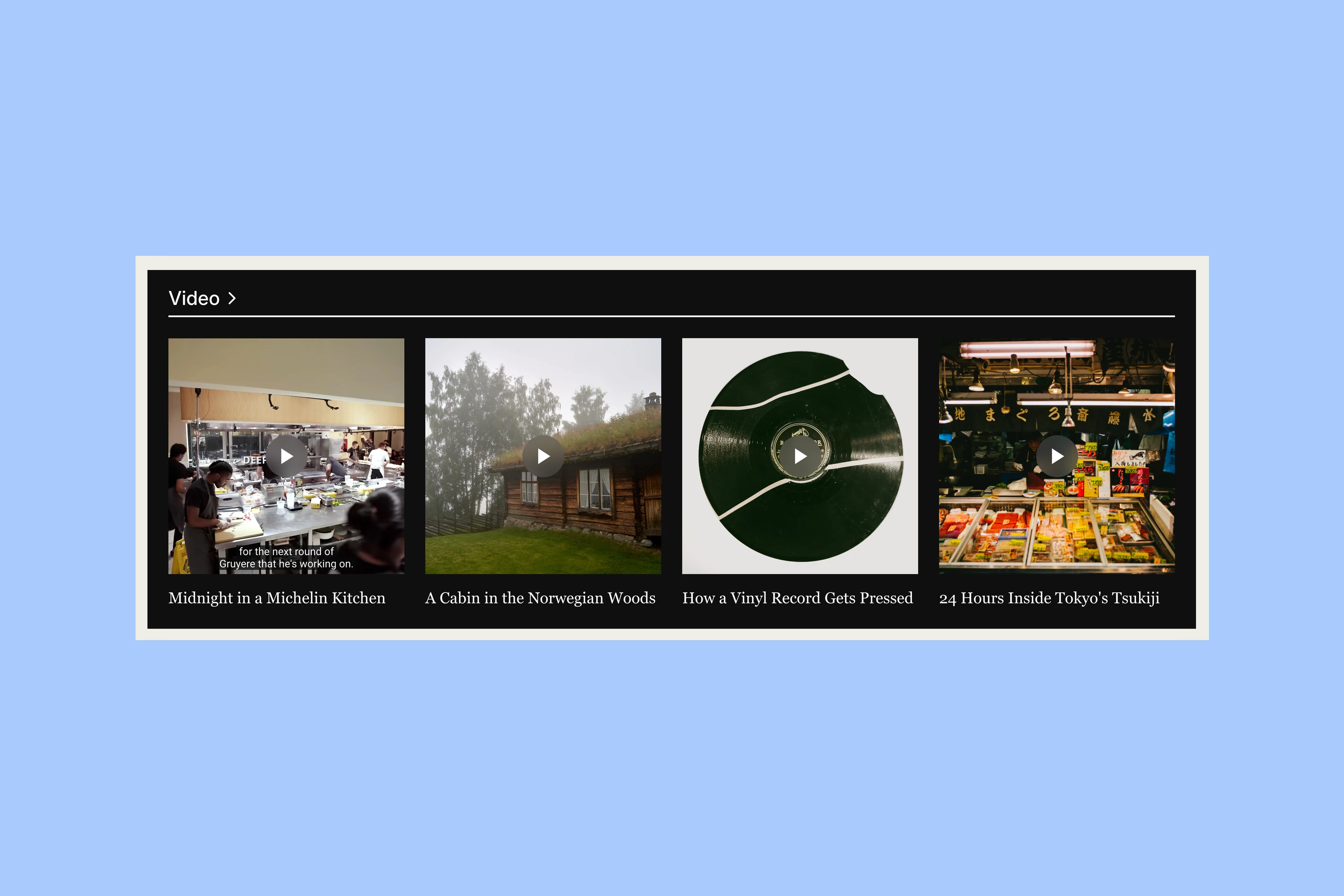 Taba homepage Video section with four stories and play buttons