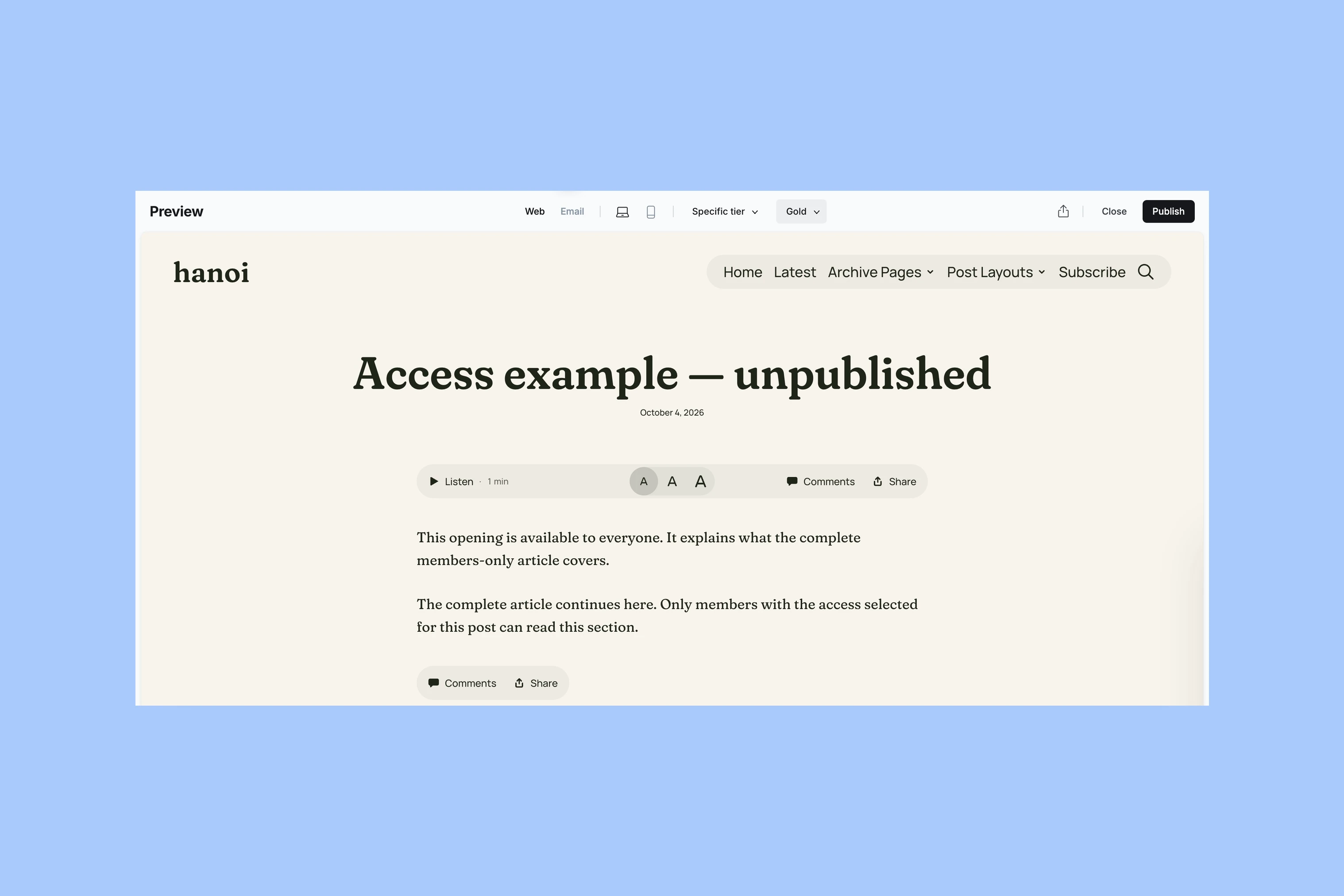 Ghost Web preview set to Specific tier and Gold, displaying both paragraphs of the example post