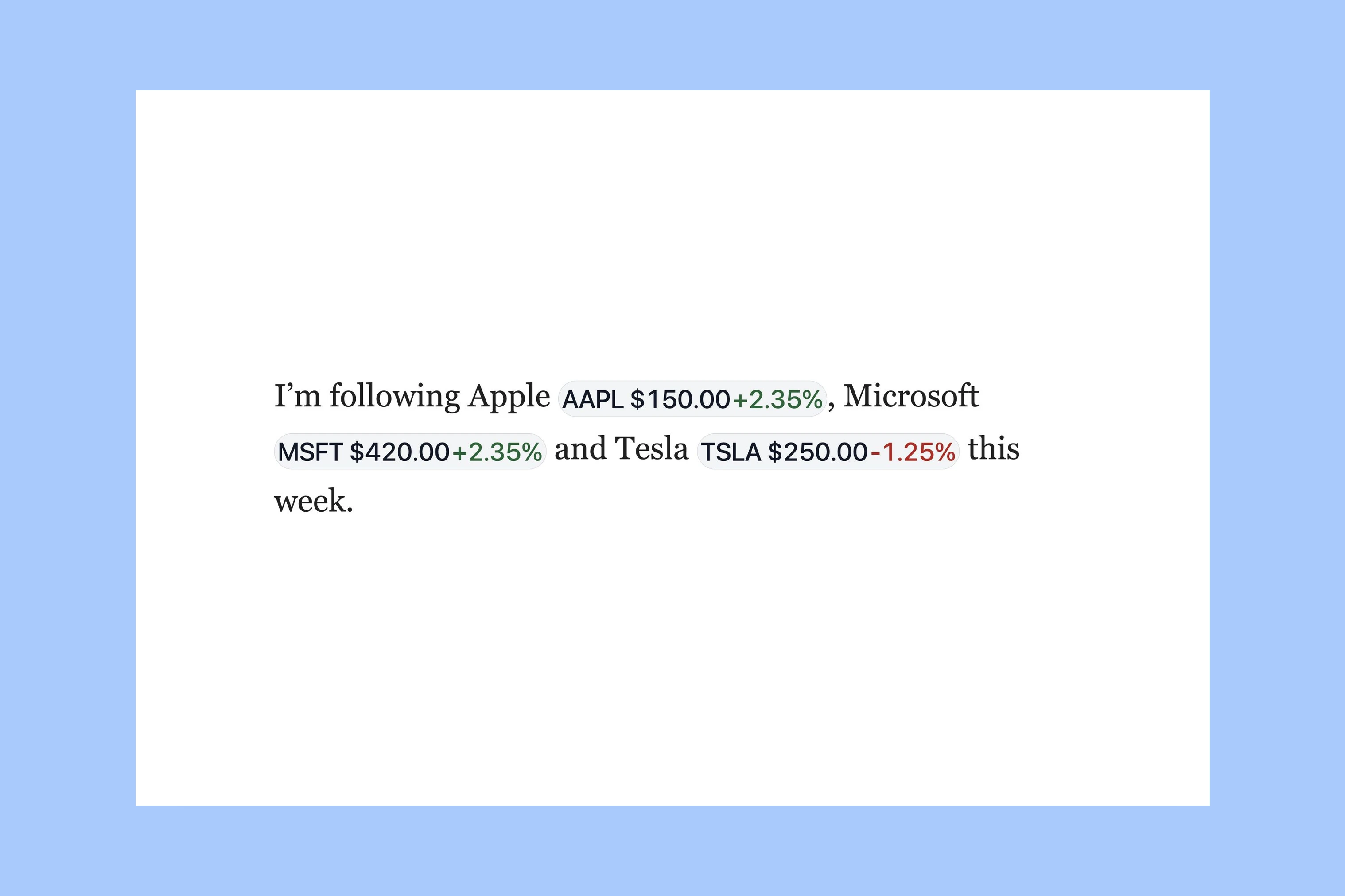 A simple paragraph showing Apple, Microsoft and Tesla with prices and percentage changes