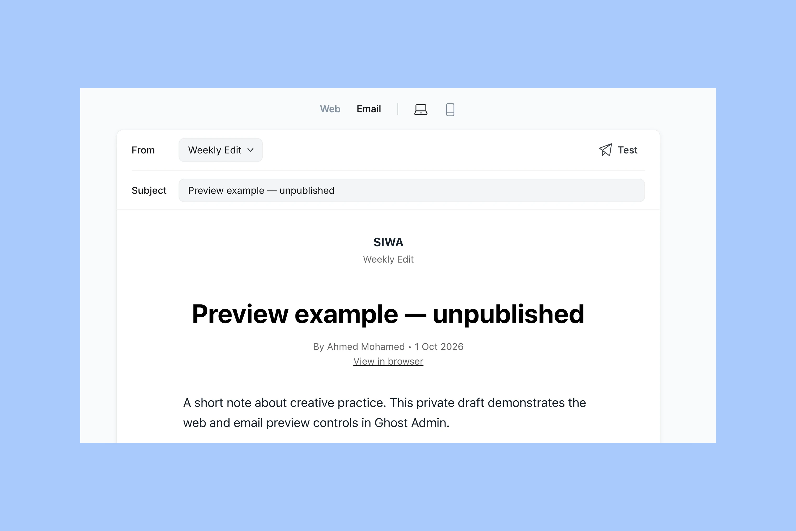 Ghost Email preview showing Weekly Edit, the subject, rendered email, and Test control
