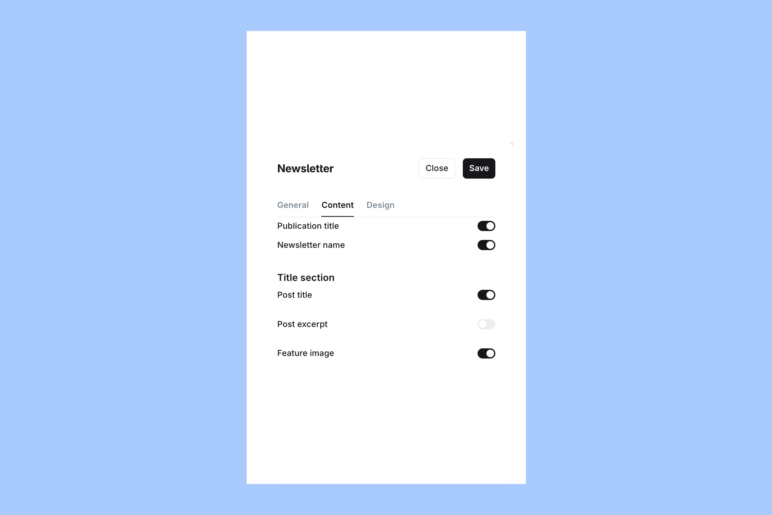 Ghost newsletter Content tab showing publication title, newsletter name, post title, excerpt, and feature image switches