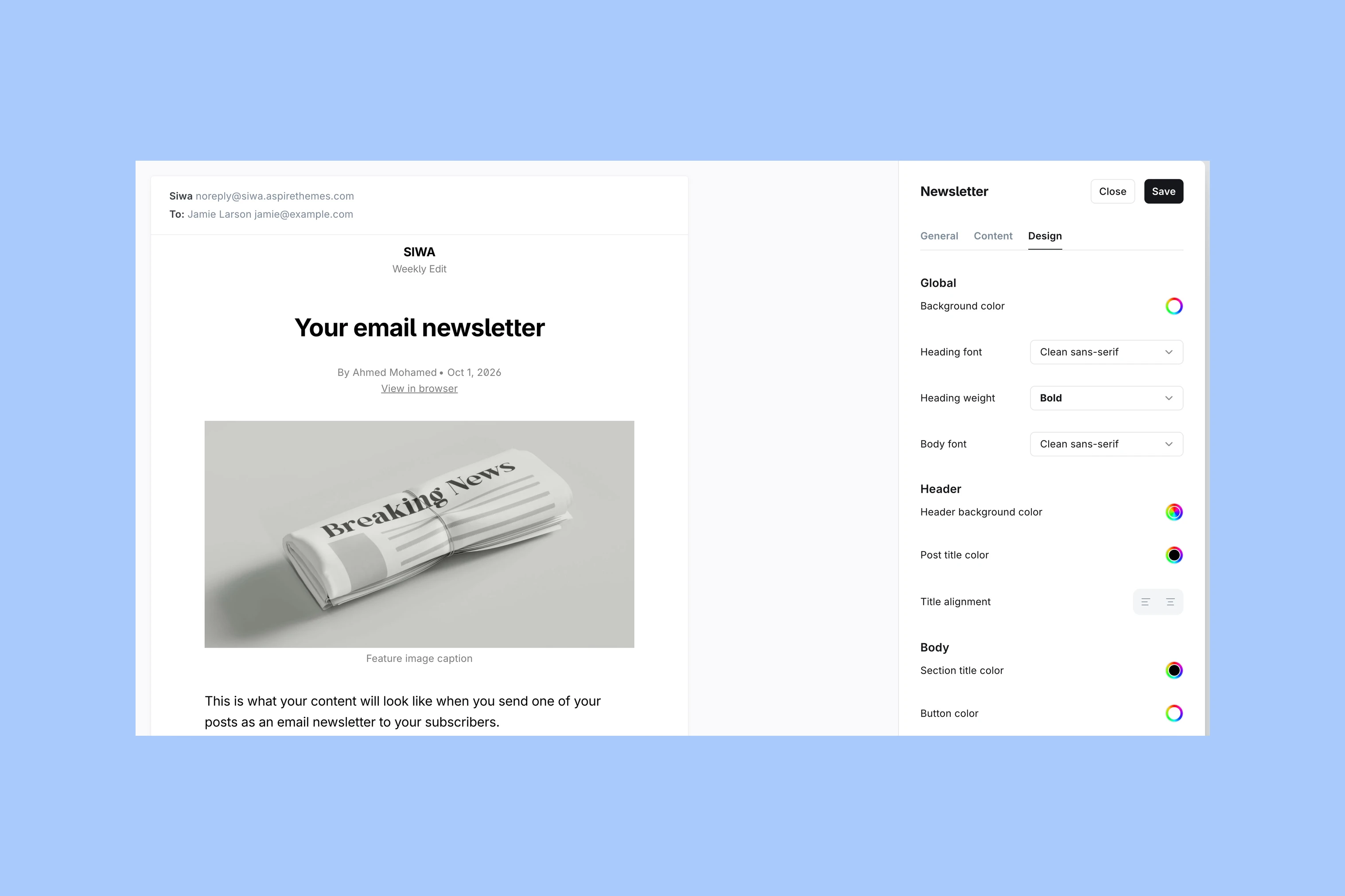 Ghost newsletter Design tab with font and color controls beside the Siwa email preview