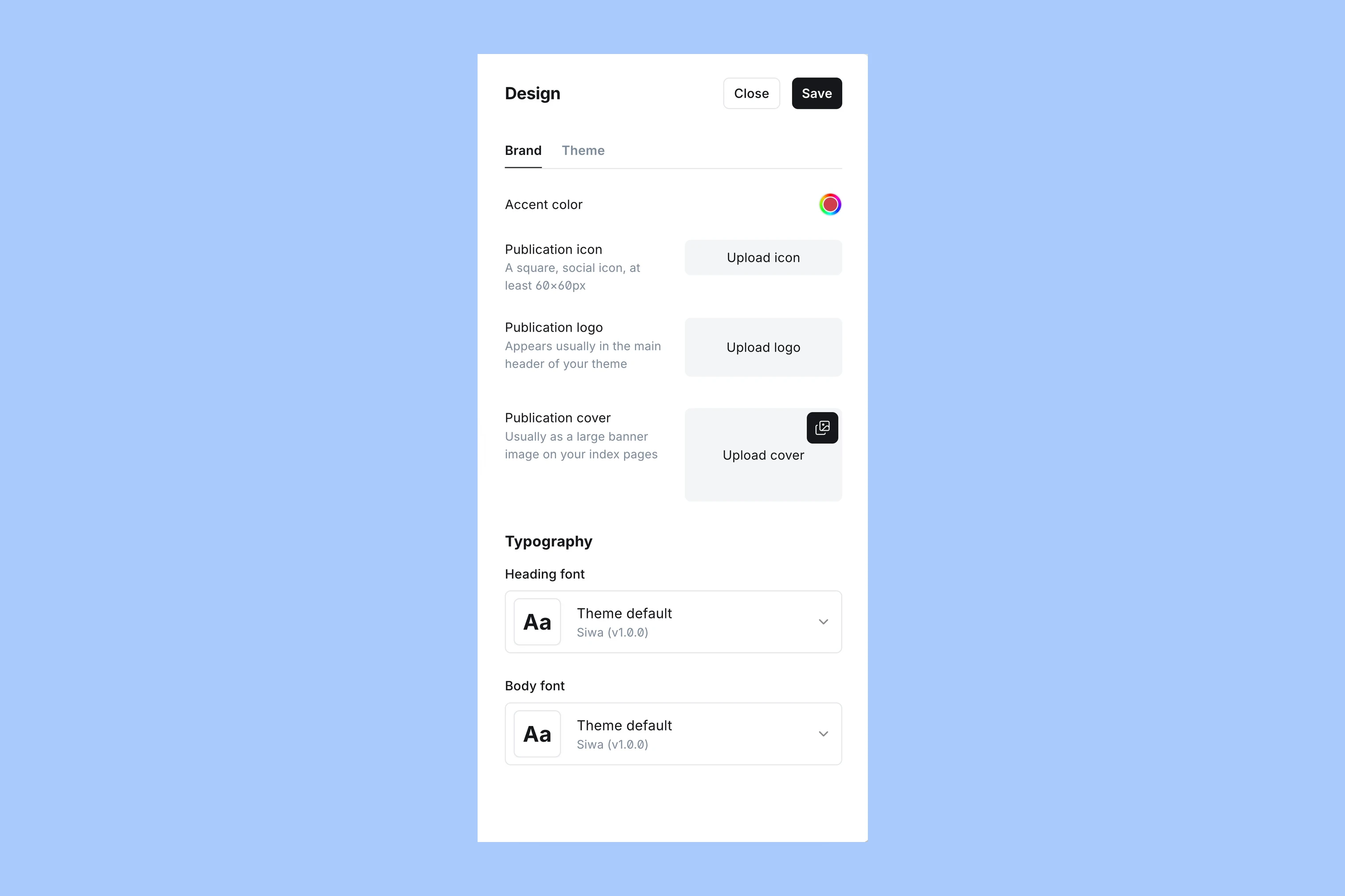 Ghost website Design panel showing brand and typography controls for Siwa
