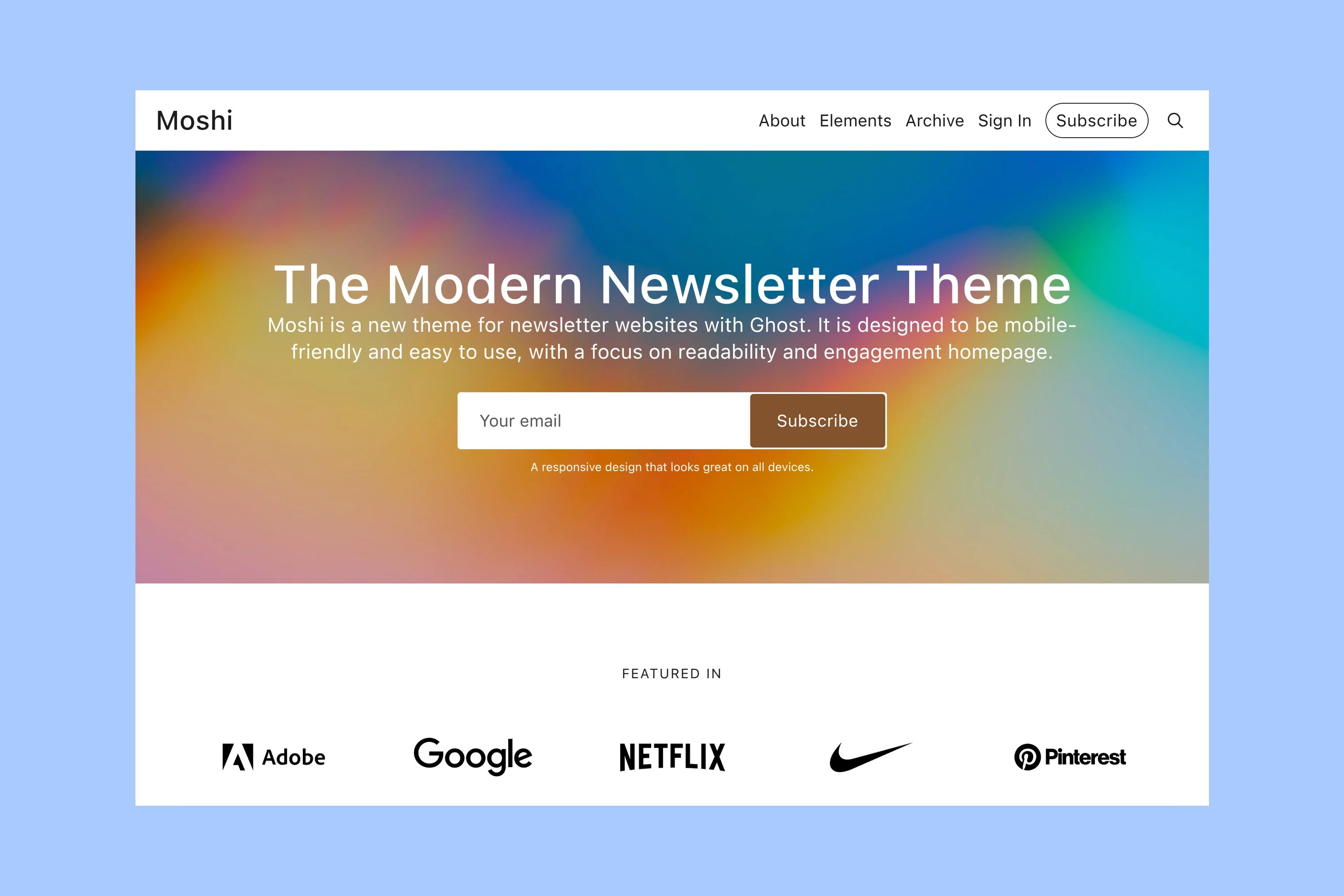 Moshi demo homepage with a newsletter introduction and email signup form