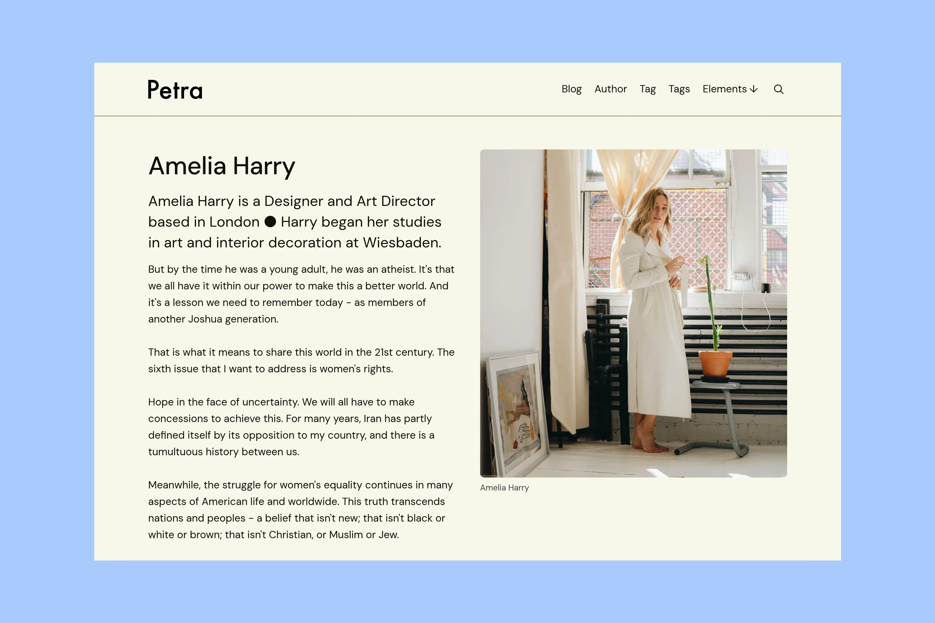 Petra demo homepage with a writer introduction beside a portrait