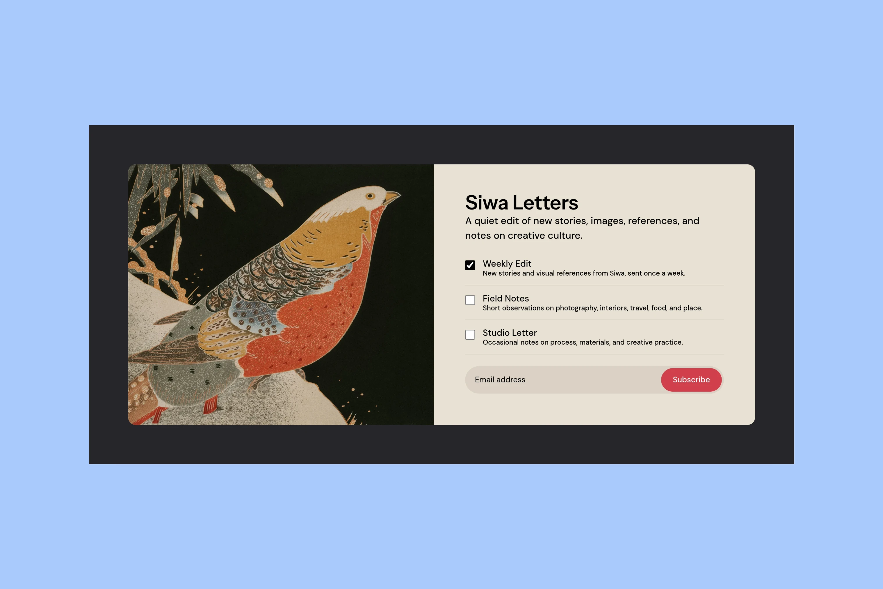 Siwa newsletter signup section with three newsletter choices and an email form