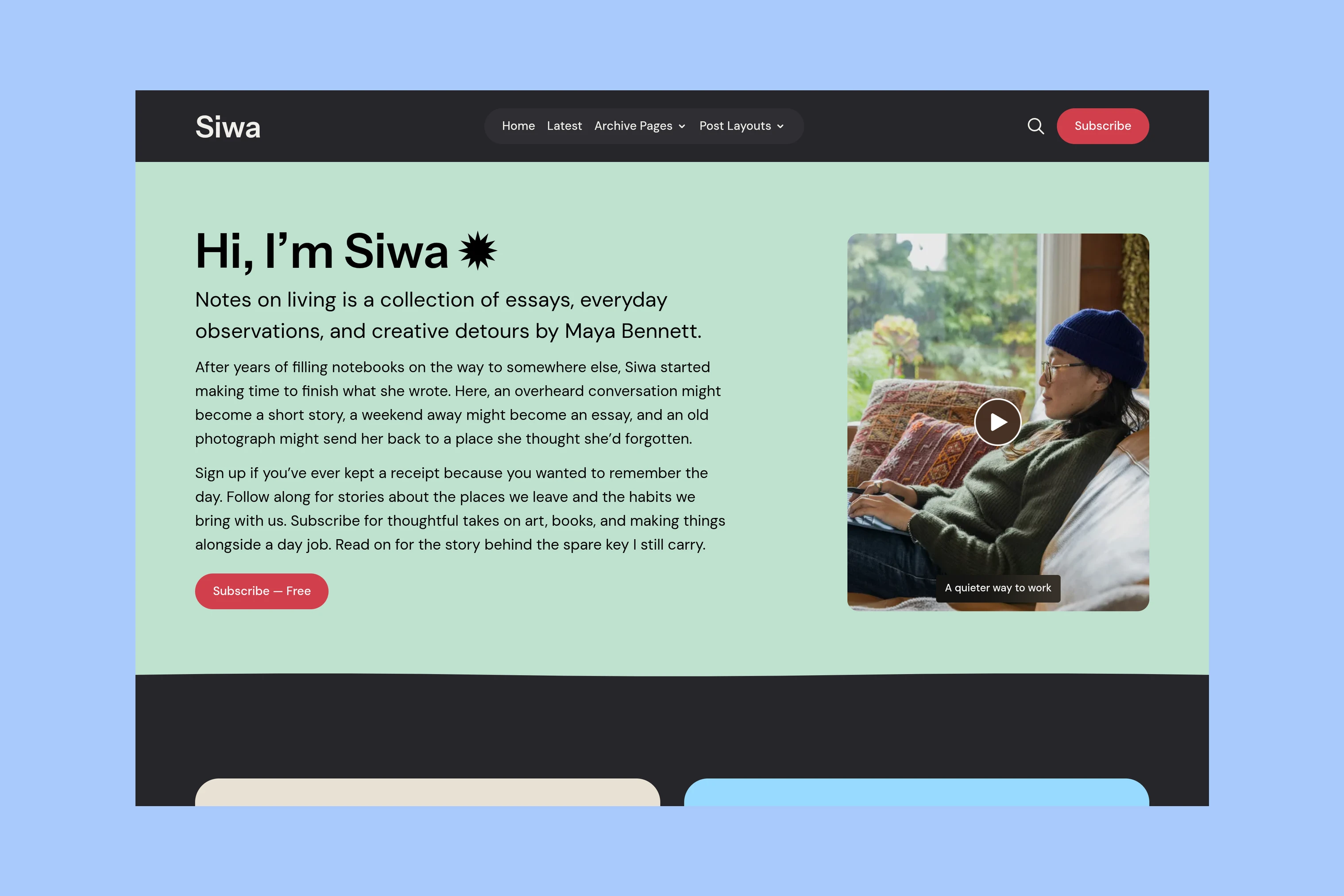 Siwa demo homepage with a personal introduction and portrait