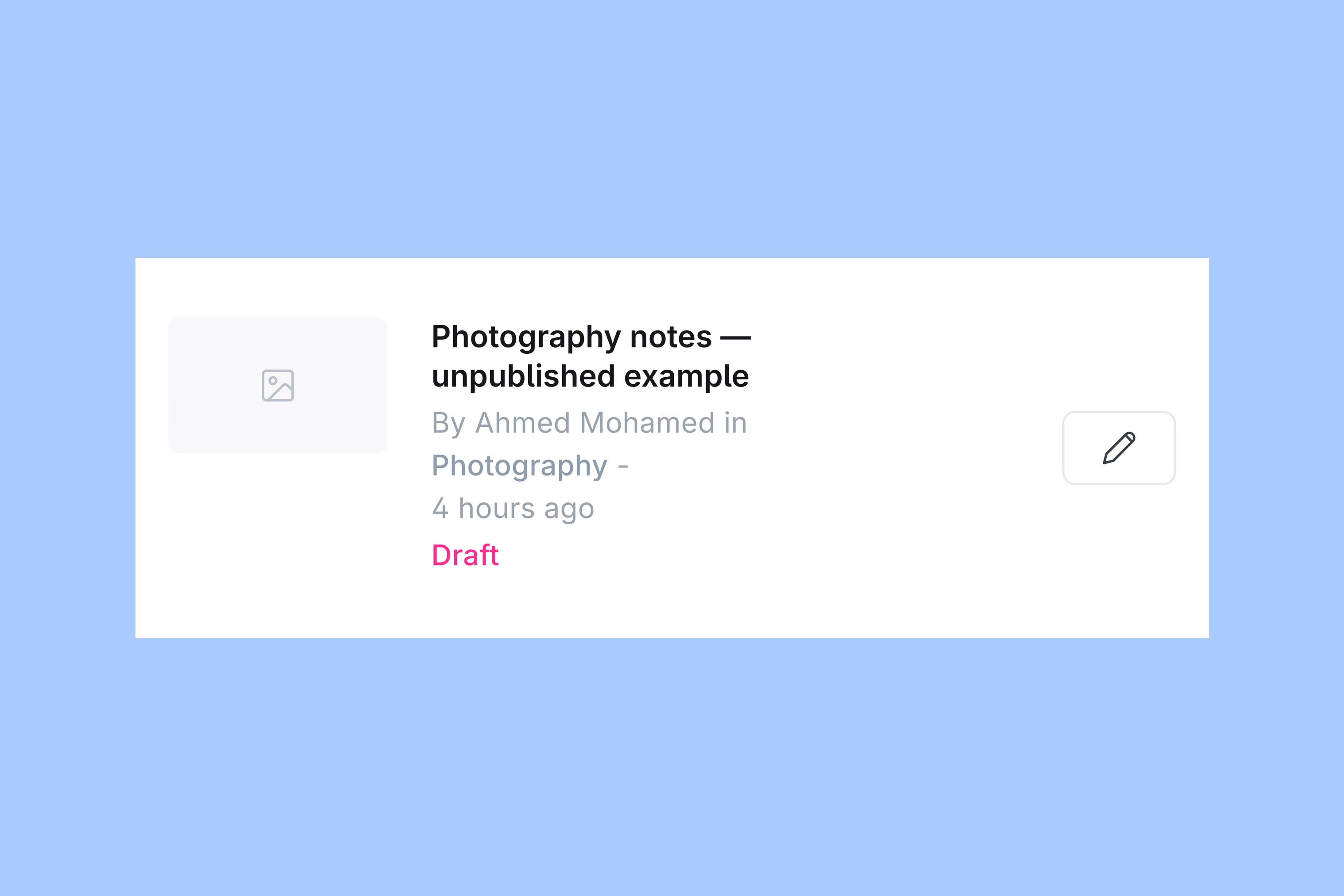 Ghost post row showing an unpublished example assigned to Photography and marked Draft
