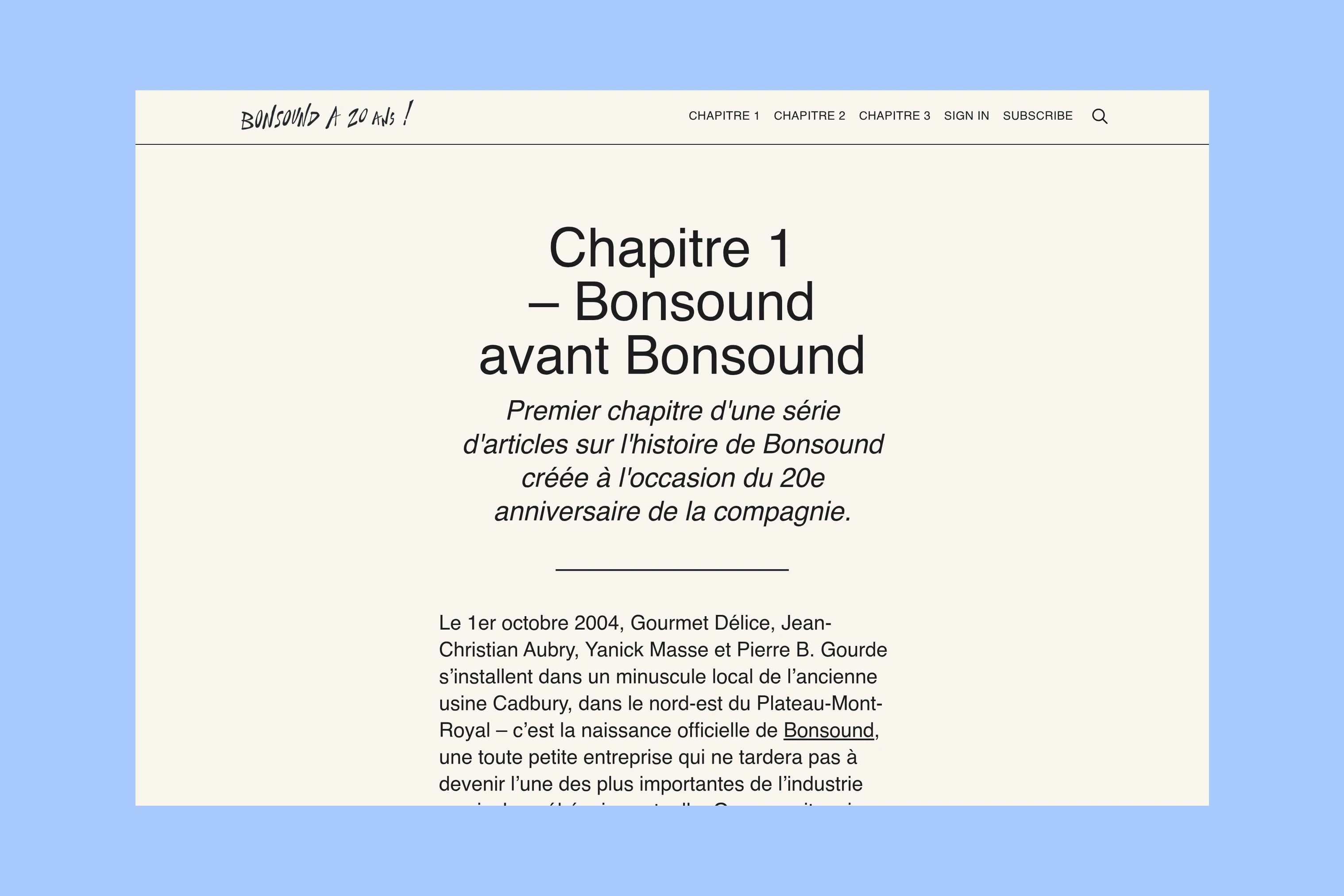 Bonsound blog homepage showing Chapitre 1, Chapitre 2 and Chapitre 3 navigation above the first chapter
