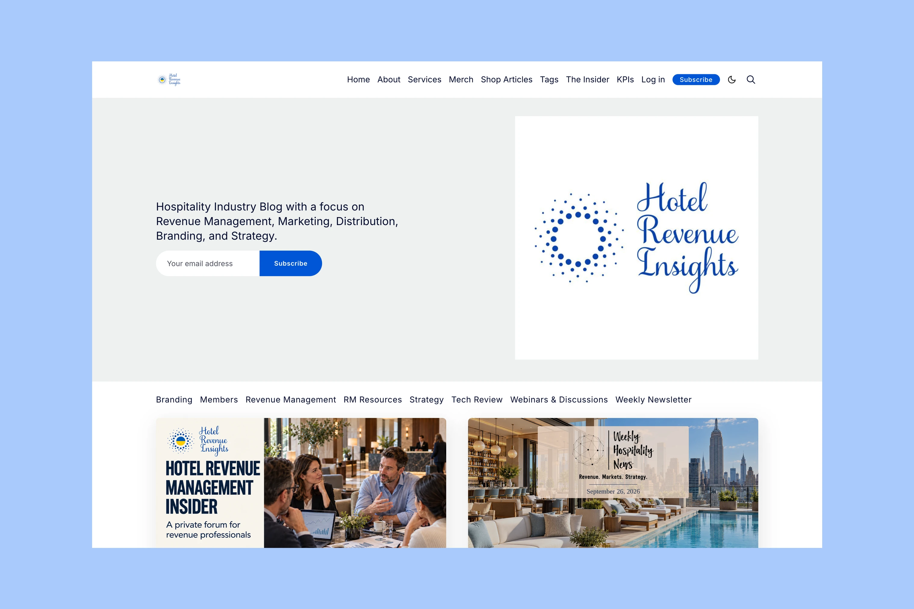 Hotel Revenue Insights homepage with its newsletter signup and hospitality topic navigation