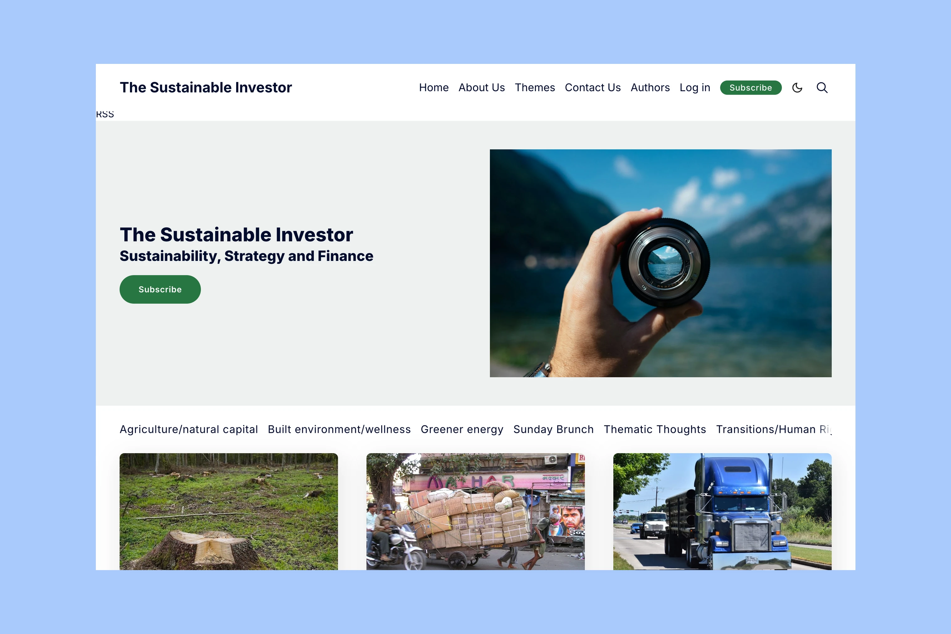 The Sustainable Investor homepage with its publication introduction, subscribe button, and topic sections